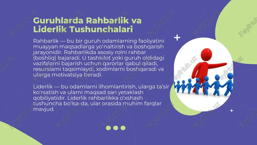 yatli vaziyatlarda qanday harakat qiladi? rahbarlik va liderlik mavzusiga oid 3 ta keys 1. ta’lim sohasida keys: vaziyat: maktabda yangi o‘quv dasturi joriy etildi. ba’zi o‘qituvchilar o‘zgarishlarga qarshi. direktor o‘qituvchilarga yangi dasturni tezda o‘zlashtirish bo‘yicha topshiriq beradi. savol: siz direktor o‘rnida bo‘lsangiz, qanday rahbarlik uslubini tanlardingiz? qanday qilib jamoani birlashtirgan bo‘lardingiz? 2. ishbilarmonlik sohasida keys: vaziyat: bir korxonada savdo ko‘rsatkichlari pasaymoqda. jamoa demotivatsiyalangan. yangi rahbar jamoani ilhomlantirishi va sotuvni oshirishi kerak. savol: siz lider sifatida qaysi yo‘ldan borasiz: mukofotlar, jamoaviy ruh, o‘ziga ishonch berish? qanday yetakchilik fazilatlari bu yerda eng kerakli? 3. ijtimoiy sohada keys: vaziyat: mahallada yoshlar uchun yangi tadbir tashkil qilinmoqda. ammo ko‘pchilik befarq. bir volontyor yetakchi sifatida bu loyihani hayotga tatbiq etmoqchi. savol: siz bu volontyor o‘rnida bo‘lsangiz, yoshlarda qanday ishtiyoq uyg‘otgan bo‘lardingiz? qanday liderlik yondashuvi eng samarali bo‘ladi: ilhom berish, yaqinlashish, tan olish? yakuniy yechimlar va takliflar ✔ ota-onalar bilan hamkorlik – guruh mashg‘ulotlarida ota-onalarni jalb …