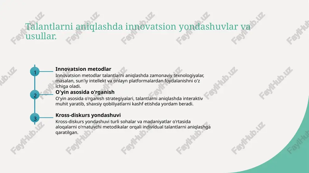 xos yondashuvlar. ta'lim jarayonlari ta'lim jarayonlarida shaxsiy qobiliyatlarni aniqlash, o'quvchilarning individual ehtiyojlarini hisobga olib, o'ziga xos yondashuvlar orqali amalga oshiriladi. interaktiv metodlar interaktiv metodlar, masalan, guruh muhokamalari va o'yinlar orqali, o'quvchilarning qobiliyatlarini aniqlashda samarali usul hisoblanadi, bu jarayonda hamkorlik rivojlanadi. madaniy kontekst o'zbekistonda qobiliyatlarni aniqlashda madaniy kontekst muhimdir; an'anaviy va zamonaviy yondashuvlar uyg'unligi talantlarni kashf etishga yordam beradi. madaniyatning talant aniqlashdagi roli va ahamiyati. 1 madaniyat va talant madaniyat shaxsning talantlarini aniqlashda muhim rol o'ynaydi, chunki u individual qobiliyatlarni rivojlantirish uchun zarur muhitni taqdim etadi. 2 an'analar va qobiliyat o'zbek madaniyatidagi an'analar shaxsiy qobiliyatlarni rivojlantirishga yordam beradi, chunki bu dastlabki qobiliyatlarni aniqlashda ijtimoiy normalarni belgilaydi. 3 madaniy ta'sir madaniyat, shaxsning qobiliyatlarini baholashda, qobiliyatlarni o'rganish va rivojlantirish jarayonida muhim ta'sir ko'rsatadi, ularni yanada boyitishga yordam beradi. o'zbekistonda qobiliyatlarni baholashda ta'lim tizimining o'rni. 1 ta'lim tizimi roli - o'zbekistonda ta'lim tizimi, qobiliyatlarni baholashda muhim ahamiyatga ega. u shaxsiy qobiliyatlarni aniqlash va rivojlantirishga …
