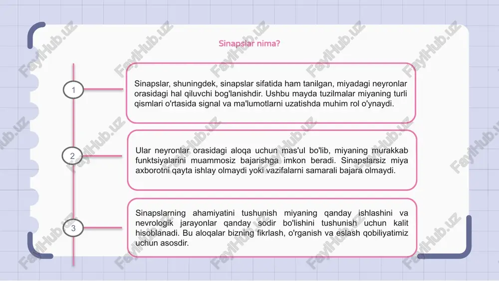 hizofreniya va altsgeymer kasalligi kabi holatlarga olib kelishi mumkin. ushbu kasalliklarni tushunish va davolash aqliy salomatlik va idrokni yaxshilash uchun juda muhimdir. sinapslar bilan bog'liq kasalliklar bo'yicha tadqiqotlar tez sur'atlar bilan rivojlanib, yangi davolash va aralashuvlarga umid qilmoqda. olimlar, sog‘liqni saqlash sohasi mutaxassislari va manfaatdor tomonlar o‘rtasidagi hamkorlik bu sohada muvaffaqiyatga erishish uchun zarurdir. sinapslar tadqiqotining kelajak istiqbollari sinapslar, ilg'or tadqiqot sohasi, nevrologiya sohasida inqilob qilish uchun mo'ljallangan. sinapslar o'zining fanlararo yondashuvi bilan miya sirlarini ochish uchun biologiya, kimyo va hisoblash fanlarini birlashtiradi. sinapslar tadqiqotining kelajagi miya funktsiyasini, sinaptik plastisiyani va neyron tarmoqlarni tushunishda yutuqlarni va'da qiladi. sinaptik uzatishning asosiy molekulyar mexanizmlarini chuqurroq o'rganish orqali tadqiqotchilar nevrologik kasalliklar uchun yangi terapevtik aralashuvlarni ishlab chiqishni maqsad qilganlar. texnologiya rivojlanishda davom etar ekan, sinapslar tadqiqotining kelajak istiqbollari yorqin. dunyo bo'ylab olimlar o'rtasidagi hamkorlik innovatsiyalarni rag'batlantirish va sohani oldinga siljitish, nevrologik kasalliklarni idrok etish va davolash usullarini o'zgartirishi mumkin bo'lgan yangi kashfiyotlar uchun …