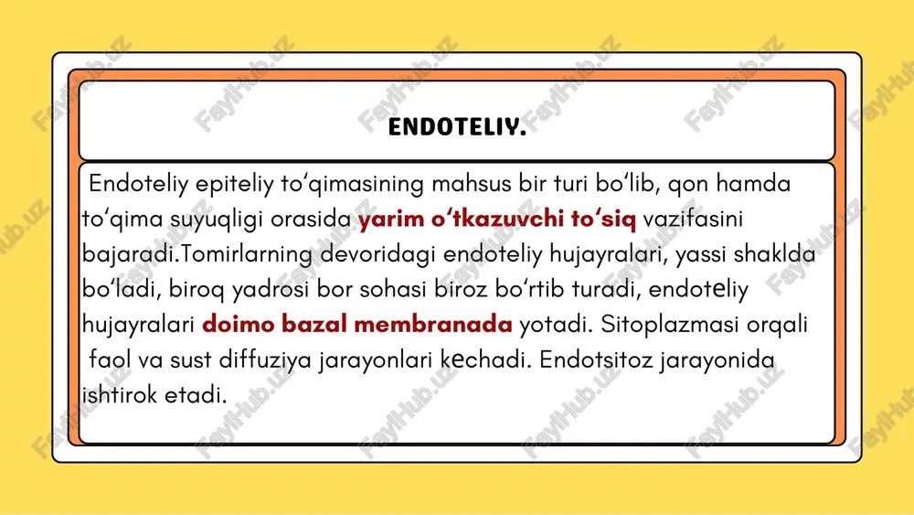 ay kapillyarlar terida, mushaklarda, biriktiruvchi to'qimalarda o’pkada, ekzokrin bezlarda hamda nerv to'qimasida uchraydi; 2-tip kapillyarlar devori kichik teshikchalar (fenestralar) tutgan endoteliy va uzluksiz bazal membranadan tashkil topgan. endoteliydagi fenestralar diametri 80 nm atrofida bo’ladi. bunday kapillyarlar ichak vorsinkalarida, endokrin bezlar va buyrak koptokchalarida joylashgan; 3-tip kapillyarlarning endoteliysi ham, bazal membranasi ham uzuq-yuluq bo’ladi. bunday kapillyarlar sinusoid kapillarlar deyiladi. sinusoidlarning boshqa kapillyarlardan farqi, ular yoriqlarining diametri 30-40 mkm bo'lib, qonning oqishini sekinlashtiradi. suyak ko'migi, taloq va ba’zi endokrin bezlar kapillyarlari shu tipga kiradi. endoteliy psevdopodiyalar va o'simtalar endoteliy yuzasini oshiradi, endoteliy orqali suyuqlik o’tishiga qarab, ularning kattaliklari o’zgarib turishi mumkin.endoteliy hujayralarida organellalar kam bo’lib, ular asosan yadro atrofida joylashgan. ularning sitoplazmasida ko’p sonli mitoxondriyalar, vezikulalar hamda organellalar uchraydi.endoteliotsitlar bir-biri bilan zich hujayralararo birikishlar hosil qilib birikkan bo’ladi. zich hujayralararo birikishlar kapilyarlar devorining o’tkazuvchan- ligida muhim rol o'ynaydi. e’tiboringiz uchun rahmat