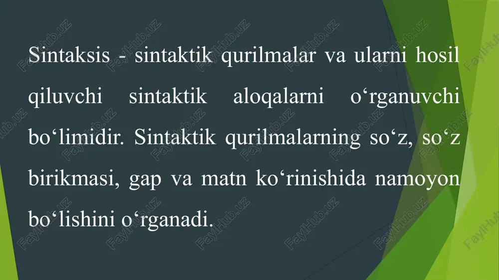 ki tobe aloqa. teng bog‘lanish sintaktik jihatdan teng huquqli bo‘lgan, biri ikkinchisiga bo‘ysunmagan so‘zlarning yoki gaplarning aloqasidir. bunda teng aloqadagi so‘zlar yoki gaplar o‘zaro teng bog‘lovchilar, teng bog‘lovchi vazifasidagi yuklamalar, sanash ohangi (ohang) yordamida munosabatga kirishadi. masalan: 1. beminnat qilingan ezgulik eng maqbul va go‘zal ezgulikdir. (oz- oz o'rganib dono bo‘lur). 2. bilmaslik avb emas, bilishni istamaslik avbdir. (oz-oz o'rganib dono bo‘lur). birinchi misolda eng maqbul, go'zal sifatlari o‘zaro teng bog‘lanib, gapda uyushiq sifatlovchilar vazifasini bajargan. ikkinchi misolda esa bilmaslik avb emas va bilishni istamaslik avbdir gaplari bir-biri bilan teng aloqaga kirishgan. tobe bog‘lanishda biri hokim, ikkinchisi tobe bo‘lgan qismlar (so‘zlar, ergash gapli qo‘shma gap qismlari) o‘zaro aloqaga kirishadi. ularning biri ikkinchisini aniqlash, izohlash, to‘ldirish uchun xizmat qiladi. aniqlaydigan, izohlaydigan, to‘ldiradigan qismi tobe, izohlanadigan qism hokim deb yuritiladi: 1. kitobni o'qimoq, qiziqarli voqea. 2. kimning himmati baland bo'lsa, qadr-qimmati ham bo'ladi (oz-oz o'rganib dono bo'lur). birinchi misolda so‘z birikmasi tarkibidagi …