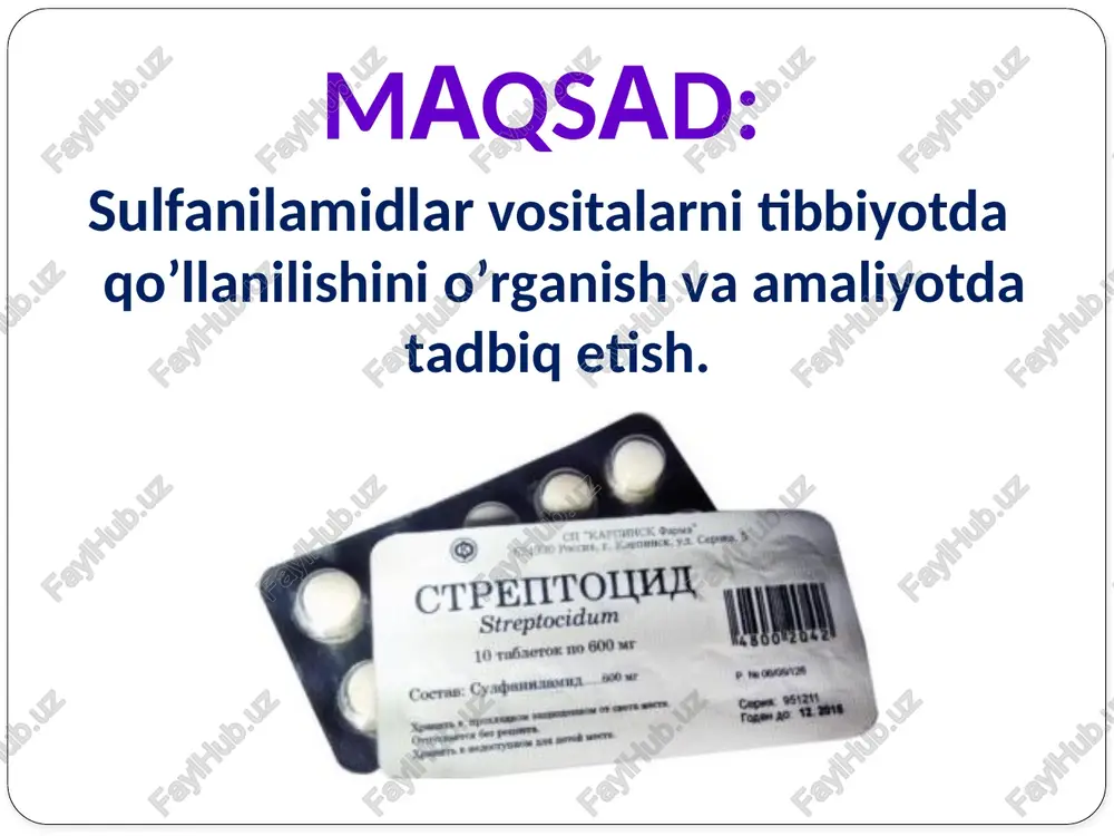 ak, sepsis, pielit, pielonefrit, sistit, traxoma, safro yo'llari infeksiyasida, kuydirgi, zamburug' kasalliklarida va boshqalarda qo'llaniladi. ular asosan ichishga buyuriladi, alohida tartib bo'yicha qo'llanadi, birinchi marta zarbdor miqdor, ya’ni davolovchi miqdordan 3-4 barobar ortiqroq miqdor tayinlanadi, keyin esa qonda davolovchi ta’sirni tutib turadigan miqdorlar, har 4-6 soatda (qisqa muddat ta’sir etuvchilarga), 8-12 soatda (uzoq muddat ta’sir etuvchilarga) 6-8 kun davomida yuborish kerak. ichak oralig'ida ta’sir etuvchi sulfanilamidlar - ftalazol, sulgin moddalar ichakdan qonga yaxshi so'rilmaydi, shuning uchun ichak oralig'ida yuqori miqdorda bo'ladi, ichakda joylashgan mikroorganizmlarga bevosita qarshi ta’sir ko'rsatadi. mikroorganizmlar faqat ichak oralig'ida emas, ichak devorida ham joylashgan bo'ladi, shuning uchun ichakning yuqumli kasalliklarini davolash uchun qonga yomon so'riladigan ftalazol bilan birga yaxshi so'riladigan sulfanilamidlar (sulfadimezin, etazol)ni qo'llash tavsiya etiladi. moddalar batsillar dizenteriya, enterokolit, kolitlarda, ichak infeksiyasining oldini olish uchun jarrohliklardan keyingi davrda qo'llanadi. mahalliy ta ’sir etuvchi sulfanilamidlar, bular asosan sepma uchun, malham sifatida ko'z amaliyotida qo'llanadi. ko'z amaliyotida suvda …
