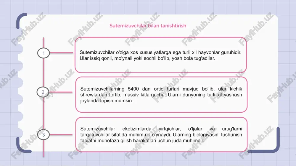 hilar ekotizimlar ichida ozuqa aylanishi va energiya almashinuviga ham hissa qo'shadilar. sutemizuvchilarni saqlash sutemizuvchilar ekotizimlarda hal qiluvchi rol o'ynaydi, bu esa tabiatni muhofaza qilish harakatlarini muhim qiladi. yashash joylarini yo'qotish va brakonerlik kabi tahdidlarning kuchayishi bilan ularning omon qolishi uchun himoya qilish juda muhimdir. sutemizuvchilarni asrab-avaylash muhofaza qilinadigan hududlarni yaratish, yovvoyi tabiat qonunlariga rioya qilish va bu hayvonlarning bizning atrof-muhitimizdagi ahamiyati haqida xabardorlikni oshirish kabi tadbirlarni o'z ichiga oladi. sutemizuvchilar populyatsiyasini himoya qilish orqali biz biologik xilma-xillikni ta'minlashimiz va ekologik muvozanatni saqlashimiz mumkin. bu maftunkor mavjudotlarni kelajak avlodlar uchun asrash bizning mas'uliyatimizdir. e'tiboringiz uchun rahmat