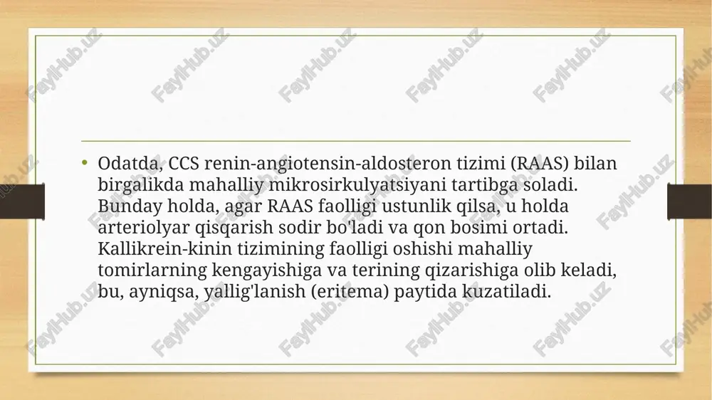 allari va boshqalarda sodir bo'ladi. kontaktni faollashtirish tizimi 4 ta oqsilni o'z ichiga oladi: prekallikrein, qon ivish omillari xii va xi va ich. konformatsion o'zgarishlar va proteolitik bo'linish natijasida yuqori faol biologik mahsulotlar - kallikrein, xiia, xia omillari va bmc hosil bo'ladi. shuni ham ta'kidlash kerakki, faol xageman omilining kamida 2 ta shakli -  va  (xiia va xiia) mavjud bo'lib, ular turli xil biologik ta'sirga ega. hozirgi vaqtda kontaktni faollashtirish tizimi qon plazmasining barcha 5 proteolitik tizimini faollashtirishni qo'zg'atuvchi mexanizm sifatida qaraladi: koagulyatsiya, fibrinoliz, komplement, kallikrein-kinin va renin-angiotensin, birgalikda harakat qiladi va adaptiv reaktsiyalarning borishini ta'minlaydi. tananing o'zgaruvchan atrof-muhit sharoitlarida. kallikrein-kinin tizimining faollashishi natijasida kininlar hosil bo'lib, ular aminopeptidazalar ta'sirida bradikininga aylanadi. bundan tashqari, yurakning "o'z" kallikrein-kinin tizimiga ega ekanligiga e'tibor berishingiz kerak. xususan, yurak gomogenatlarida tripsin bilan faollashtirilgan kininogenaz topilgan. kallikrein va kininogenning yurakda hosil bo'lishini isbotlovchi faktlar mavjud. kininlar norepinefrinning mahalliy chiqarilishini osonlashtiradi va shu bilan …