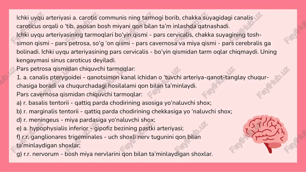 edial shoxi;d) r. frontalis posterom edialis - peshona bolagining orqa medial shoxi;e) r. cingularis - belbog‘ pushtasining shoxi;f) r. paracentrales - markaz oldi pushtasining shoxi. 5. a. pericallosa - qadoqsimon tana atrofidagi arteriya. bu arteriyadan quyidagi shoxlar ajraladi: a)r.r.precuneales - pona oldi pushtasining shoxlari; b)r.r. parietooccipitales - tepa va ensa bolaklarining shoxlari. 6. a. communicans anterior - oldingi qo‘shuvchi arteriya tarmoqlari.a.a. centrales anteromediales - oldingi medial markaziy arteriya. bu arteriyaning shoxlari: a)a.suprachiasm atica ko‘ruv nerv kesishmasining ustidagi arteriya; b) a.commissuralis mediana oldingi qo‘shib turuvchi arteriya; d) a. callosa mediana - qadoqsimon tananing medial arteriyasi. 7. a. cerebri media - bosh miyaning o ‘rta arteriyasi. bu arteriya bosh miyaning chakka, tepa va qisman peshona bo‘laklarini qon bilan ta’minlaydi. uning pars sphenoidalis - asosiy suyak sohasida, pars incularis - orolcha qismida ostki va ustki yakuniy tarmoqlari boladi. bu arteriyadan quyidagi shoxlar ajraladi: a) r.r. choroidei ventriculi lateralis - bosh miya yon qorinchalari …