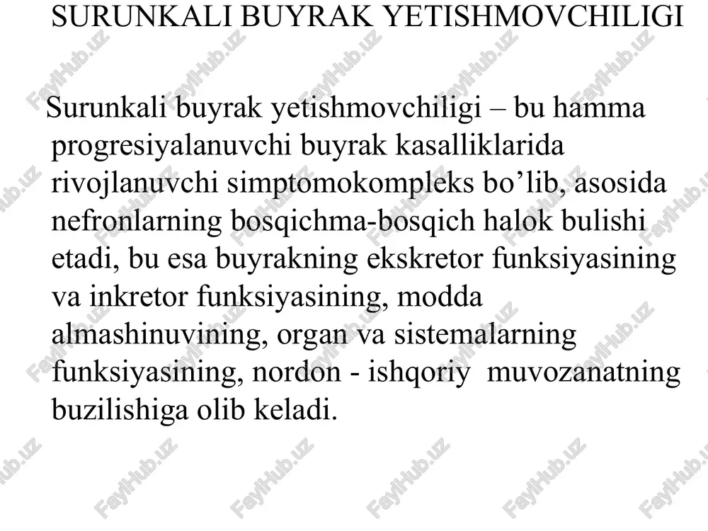 z charchash. diurez-poliuriya. gemoglobin - 83-100. mochevina - 8.8-10 mol/l. kreatinin - 0.2-0.28 mmol/l. koptokchalar filtasiyasi - 30-40 ml/min. qon elektorlitlari – giponatriemiya kuzatilishi mumkin. metabolik asidoz-yuk. sbye tasnifi (davomi) intermittik bosqichi shikoyatlari: dispepsiya, chanqash, tez charchash, bosh og’rigi, uyqu buzilishi, kungil aynishi. diurez - kuchli poliuriya. gemoglobin – 67-83. mochevina – 10.1-19.0 mol/l. kreatinin - 0.3-0.6 mmol/l. koptokchalar filtasiyasi - 20-30 ml/min. qon elektorlitlari – giponatriemiya, gipokalsiemiya. metabolik asidoz – o’rta darajada rivojlangan. terminal bosqich darajasi i buyrakni suyuqlik ajratish funksiyasi saqlangan. koptokchalar filtrasiyasi: 10-15 ml/min. azotemiya. asidoz o’rta darajada. iia oligo-, anuriya, suyuqlik ushlanishi, diselektrlitemiya. giperazotemiya. asidoz. yurak-qon sistemasida o’zgarishlar boshlanadi. arterial gipertenziya. qon aylanish etishmovchiligi iia. iib iia bosqichidagi o’zgarishlar ogirroq ko’rinishi. qon aylanish iib. iii ogir uremiya, giperazotemiya (>285 mmol/l), diselektrolitemiya, asidoz dekompensasiyalangan. ogir yurak va qon aylanish etishmovchiligi, yurak astmasi hurujlari, anasarka, ichki organlar ogir distrofiyasi. klinikasi siydik konsentrasiyasining kamayishi sababli osmolyarligi qon osmolyarligiga teng …