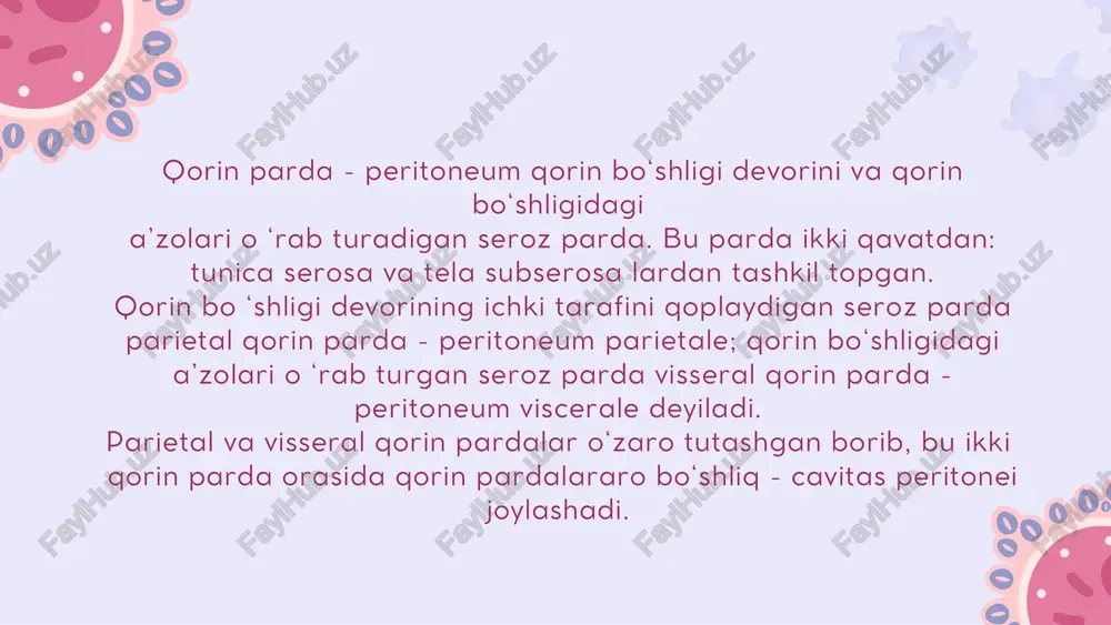 a (bo‘shliq) hosil bo‘ladi: a) jig ar qopchasi (bo‘shlig‘i) - bursa hepatica; b) m e’da oldi qopchasi (bo‘shlig‘i) - bursa pregastrica; d) charvi qopchasi (bo‘shlig‘i) - bursa omcntalis. bursa hepatica sohasida jigarning o ‘ng bomagi joylashadi. uning devorlarini diafragma, lig. coronarium hepatis lar tashkil etadi. bu bo ‘shliq sohasida o ‘ng buyrak uchi va o ‘ng buyrak usti bezi ham joylashadi. bursa pregastrica sohasida jigam ing chap boragi, me’daning oldingi yuzasi, taloq joylashadi. bu bo ‘shliq devorlarini lig. coronarium sinistra, m e’daning oldingi yuzasi, lig. gastrolienale, lig. phrenicolienalelar tashkil etadi. bursa omentalis - me’da orqasida joylashadi. bu bo‘shliq devorlarini qorin bo‘shlig‘ining orqa devori, diafragma, ko‘ndalang cham bar ichak tutqichi, lig. gastrolienale, diafragma taloq boylami - lig. phrenicosplenium, kichik charvi boylamlari - lig. hepatogastricum, lig. hepatoduodenale hosil qiladi. kichik charvi boylamlari orasidagi charvi bo‘shlig‘iga teshik va charvi dahlizi - foramen et vestibulum bursae omentalis ochiladi. charvi bo‘shlig‘ida jigaming chap bomagi, me’da …