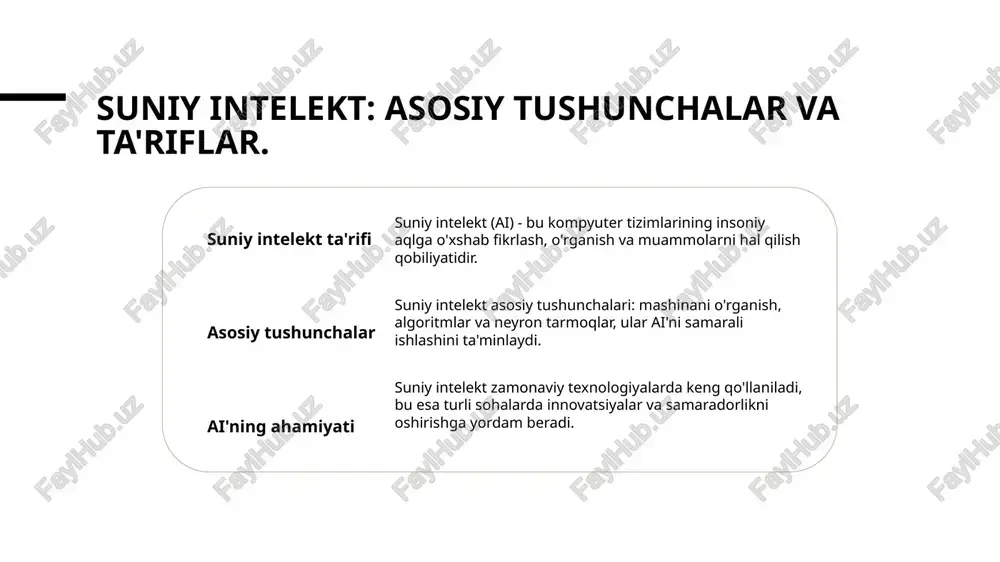va tadqiqotlar o'zbekiston universitetlarida suniy intelekt kurslari va tadqiqot markazlari mavjud bo'lib, talabalar uchun zamonaviy bilim va amaliy ko'nikmalar taqdim etmoqda. 3 sanoat va innovatsiyalar o'zbekistonda ai texnologiyalari sanoatda, xususan, qishloq xo'jaligi va energiya sohalarida innovatsiyalarni kiritishga yordam bermoqda, iqtisodiy o'sishni qo'llab-quvvatlaydi. o'zbekistonda suniy intelekt: rivojlanish va istiqbollar. 1 o'zbekistonda ai rivoji - o'zbekistonda suniy intelekt sohasida faol rivojlanish kuzatilmoqda. davlat hajmida loyihalar va tadqiqotlar ko'paymoqda, bu esa innovatsiyalarni rag'batlantirmoqda. 2 ta'lim va ilm-fan - o'zbekistonda ai ta'limi va ilmiy tadqiqotlar markazlashmoqda. universitetlar va ilmiy muassasalar suniy intelekt bo'yicha zamonaviy dasturlarni ishlab chiqmoqda va yoshlarni tayyorlamoqda. 3 kelajak istiqbollari - o'zbekiston suniy intelektni sanoat, sog'liqni saqlash va qishloq xo'jaligida qo'llashni rejalashtirmoqda. bu istiqbollar iqtisodiy o'sishni tezlashtirishga yordam beradi. ai ilovalari: o'zbekistondagi amaliy misollar va tajribalar. suniy intelekt xizmatlari sog'liqni saqlashda ai qishloq xo'jaligida ai o'zbekistonda suniy intelekt xizmatlari, masalan, avtomatik tarjima va nutqni tanish texnologiyalari orqali foydalanuvchilarga qulayliklar taqdim etmoqda. …