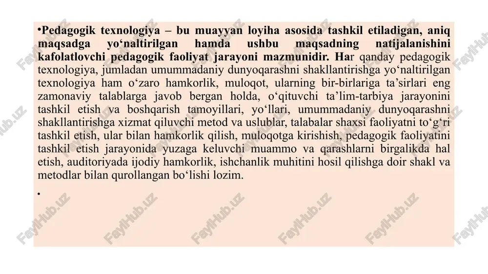 ashtirishni o‘zida aks ettiradi. masalan , boshlang‘ich sinf o‘qituvchisi o‘qish darsini har safar texnologik modeli va xaritasini tuzib kelishi kerak. hozir ko‘p ta’kidlanayotgan texnologik model loyihalashga, texnologik xarita rejalashtirishga to‘g‘ri keladi. natijada har bir fanni o‘qitish texnologiyasi yuzaga keladi. lokal daraja (mikro). mazkur darajaga tegishli texnologiyalar o‘quv-tarbiya jarayonining ma’lum tarkibiy qismi, alohida shaxs sifatlarini shakllantirish, maxsus o‘quv ko‘nikma va malakalarini tarkib toptirishga xizmat qiladi. masalan, o‘quvchilarning mantiqiy fikrlashini shakllantirish texnologiyasi, o‘quvchilarning aqliy qobiliyatini rivojlantirish texnologiyasi va boshqalar. metodika – qat’iy ketma-ketlikka (algoritmik xarakterga), ilgari o‘rnatilgan reja (qoida), tizimga aniq rioya qilish bo‘lib, biror bir ishni maqsadga muvofiq o‘tkazish metodlari, yo‘llari majmuasi. “metodika” tushunchasi turli fanlarni o‘qitish bilan ham bog‘liqlikda qo‘llanilib, ma’lum sohani o‘qitish jarayoni, mazmuni, qonuniyatlari, tamoyillari, shakl, metod va vositalari yig‘indisini o‘zida ifoda etadi. og‘zaki ko‘rgazmali amaliy kitob bilan ishlash video- metod hikoya suhbat tushuntirish ma’ruza munozara illyustratsiya demonstratsiya mashq amaliy laboratoriya didaktik o‘yin o‘qish o‘rganish reja tuzish konspekt …