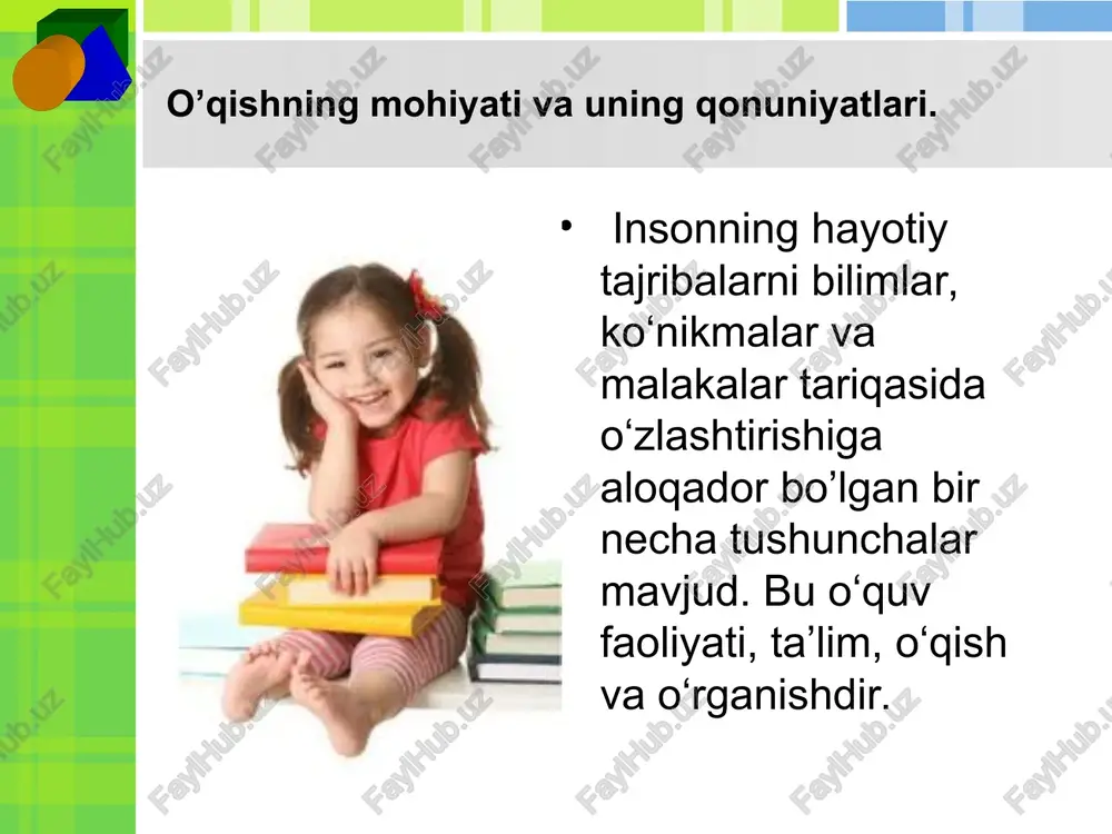 gsiz darajada ham ro‘y berishi mumkin. ta’lim, o‘qish va o‘rganish orasidagi yana bir farq ma’lumotlarni o‘zlashtirishga tayyorlik turli yosh davrlarida turlicha namoyon bo‘ladi. 0‘rganishning elemantar turlari — imprinting, shartli reflektor va operant turlariga - bola tug‘ilishi bilanoq amalda tayyor boladi. 0’qish bilim, malaka va ko'nikmalarni o'zlashtirish uchun ongli, maqsadga yo'naltirilgan qobiliyat sifatida bolada 4—5 yoshligida namoyon boladi, mustaqil o'qishga tayyorlik maktabning birinchi sinflarida, ya’ni 6-7 yosh atroflda vujudga keladi. 0‘rganish jarayoni faoliyat sifatida quyidagi o‘quv-intellektual mexanizmlar hisobiga amalga oshadi: o‘quv faoliyatini boshqarish o‘quv faoliyatini boshqarish o‘z-o‘zini boshqarishning tarkibiy qismi bo‘lib, o'quvchilarni mustaqil bilim olish, ijodiy fikrlash sari yetaklaydi o‘quv faoliyatini boshqarishning tarkibiy qismlarini rejalashtirish, o‘zini nazorat qilish, bilishga qiziqishdan iborat bo‘lib, o‘zaro jips bir-biri bilan aloqada hukm suradi. boshqaruv bu shunday yo‘naltiruvchi kuchki, u insonlardagi ijodiy potensial imkoniyatlarini oladigan sharoitlarni yuzaga chiqarishni maqsad qilib qo‘yadi. . boshqarishning vazifasi • birinchi vazifasi tashkiliy bo‘lib, o‘quvchilarning ta’lim va tarbiyasi bo‘yicha ijtimoiy buyurtmalarni …