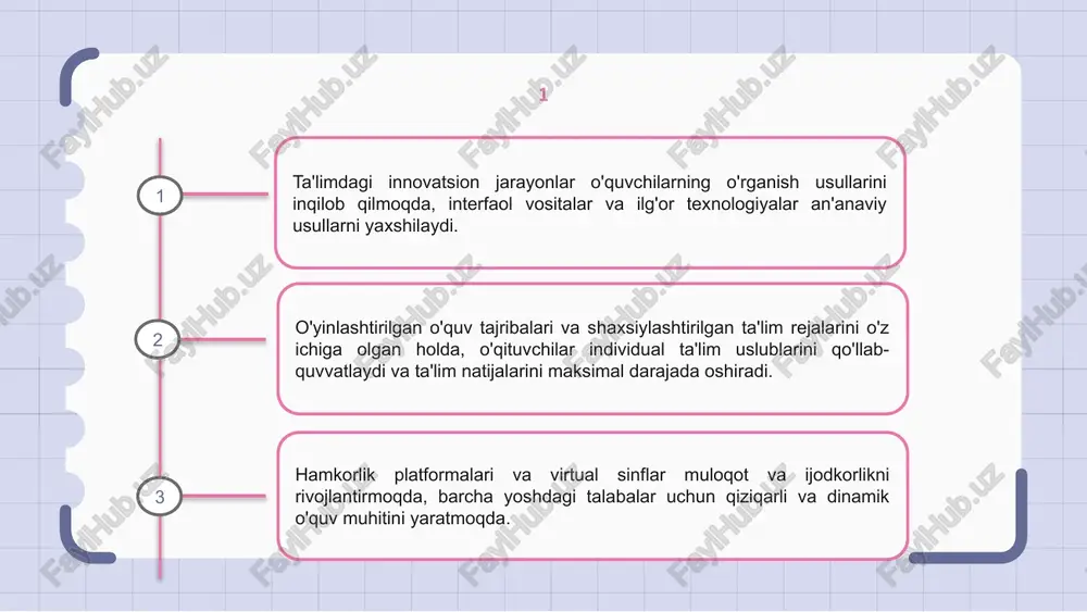 i. moslashuvchan baholash o'quvchilarning o'z sur'atlari bo'yicha rivojlanishini ta'minlaydi, bu esa yanada inklyuziv va samarali ta'lim tajribasini yaratadi. 1 2 3 7 ta'limdagi innovatsion jarayonlar bizning o'rganish va o'qitish uslubimizni tubdan o'zgartirdi. virtual sinflardan tortib shaxsiylashtirilgan o'quv yo'llarigacha texnologiya ta'lim tizimini sezilarli darajada yaxshiladi. hamkorlikdagi o'quv platformalari o'quvchilarga dunyoning turli burchaklaridan kelgan tengdoshlari va o'qituvchilari bilan muloqot qilish imkonini beradi, bu esa ta'limda hamjamiyat hissi va global istiqbolni rivojlantiradi. bundan tashqari, o'yinlashtirilgan o'rganish yondashuvlari ta'limni yanada qiziqarli va qiziqarli qiladi, talabalarni faol ishtirok etishga va yangi tushunchalarni qiziqarli tarzda o'rganishga undaydi. 8 ta’limdagi innovatsion jarayonlar dunyoda ro‘y berayotgan jadal o‘zgarishlarga moslashish uchun zarurdir. yangi texnologiyalar va metodologiyalarni o'z ichiga olgan holda, o'qituvchilar qiziqarli va samarali ta'lim tajribasini yaratishi mumkin. ta'limdagi innovatsion jarayonga misollardan biri o'quvchilar uchun o'rganishni yanada interaktiv va qiziqarli qilish uchun o'yinlardan foydalanishdir. darslarni o'yinga aylantirib, o'qituvchilar o'quvchilarning faolligini va motivatsiyasini oshirishi mumkin. ta'limdagi yana bir innovatsion jarayon …