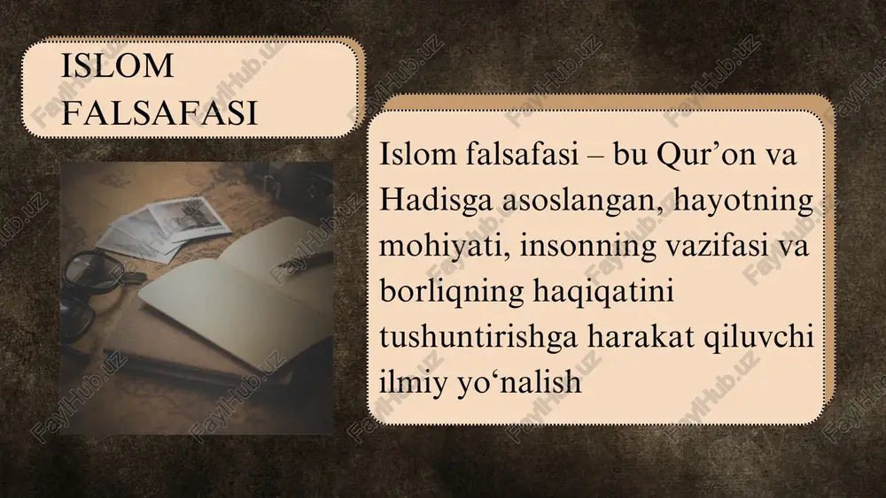 oh va olamning bog‘liqligi forobiy aristotelning "olam azaliy" degan fikrini qisman qabul qilgan. unga ko‘ra, alloh olamni yaratgan, lekin bu yaratish vaqt bilan bog‘liq emas, balki doimiy jarayondir. bu fikr islamiy nuqtayi nazarga mos kelmaganligi uchun keyinchalik imom g‘azzoliy tomonidan tanqid qilingan. islom falsafasi faqat diniy masalalar bilan cheklanib qolmay, balki axloq, ijtimoiy hayot va tabiat qonunlarini ham o‘z ichiga oladi. shu sababli, u faqatgina e’tiqod emas, balki hayot falsafasi sifatida ham namoyon bo‘ladi e’tiboringiz uchun rahmat