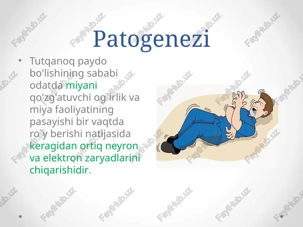 okorlar shunga o'xshash alomatlarga ega bo'lgan boshqa kasalliklarni istisno qilish uchun miyaning magnit-rezonans tomografiyasini (mri) tavsiya qiladilar. epileptik xurujda yordam ko’rsatishning 10 qoidasi (asfiksiyani odini olishga qaratilgan ) bemor yoqalarini ochib havo kelishini ta’minlang yon tomoniga o’tib boshi ostiga yumshoq yostiq qo’ying og’ziga barmoq ,qoshiq yoki boshqa qattiq jismlar tiqmang og’zidan chiqayotgan qon aralash ko’pikni dastro’mol bilan arting bemor boshini tepaga burmang, aslo sun’iy nafas berishga urinmang bemorni bir joydan ikkinchi joyga o’tkazishga urinmang novshadil hidlatmang. yuziga suv sepmang oyoq qo’llarini zo’rlab ushlamang suv yoki dori ichirishga urinmang voqea joyida bemorni tashlab ketmang aksariyat tutqanoq xurujlari 3-5 daqiqa davom etadi va bemorga yordam ko‘rsatguncha o‘tib ketadi. ko‘pincha, tonik-klonik xurujlar bilan kechuvchi epilepsiyada bemorga tez yordam ko‘rsatishga to‘g‘ri keladi. chunki epilepsiyaning bu turida jarohatlanishlar ko‘p kuzatiladi. dori-darmonlar yordamida davolash davolash xuruj turini hisobga olgan holda bitta dori vositasi (monoterapiya) bilan boshlanadi. tonik-klonik, tonik, klonik, mioklonik, tarqalgan xurujlarda asosan fenobarbitol, benzonal, gliferal, …