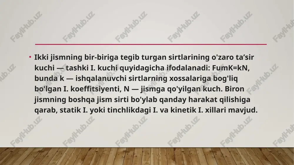 xossasiga va buyumning tuzilishiga bogʻliq boʻladi. tashqi taʼsirlarning tabiatiga koʻra buyumlarning sirtqi qatlamlari abraziv, mexanikaviy, kimyoviy oksidlanib, termik yeyilish xillariga boʻlinadi. abraziv yeyilishga asosan ishqalanish sabab boʻladi. mexanikaviy yeyilishda ishqalanish, ezilish, toliqish natijasida buyum oʻlchamlari va massasi yoki ish sirtining holati oʻzgaradi. kimyoviy, oksidlanib va termik yeyilishda buyum ob-havo (yogʻingarchilik, haroratning keskin oʻzgarishi, chang) va emiruvchi (oksidli va ishqorli) muhitlar taʼsirida korroziyalanib (metallda), eskirib yeyiladi. yeyilish buyumlarning sifatini pasaytirishga, isteʼmol (ishlatish) qiymatini yoʻqotishga olib keladi. mashina detallarining yeyilishini kamaytirish uchun maxsus moylar va surkov moylarini ishlatish, zanglashga chidamli materiallardan foydalanish va boshqa tavsiya etiladi. buyumlar (mashina detallari va boshqa ishqalanuvchi buyumlar) materialining yeyilishga karshilik koʻrsata olish xususiyati eyilishga chidamlilik deb ataladi. u ishlash jarayonida buyumning massasi kamayishi va oʻlchami kichrayib borishi bilan baholanadi image2.jpeg image3.jpeg image4.jpeg image1.jpg /docprops/thumbnail.jpeg