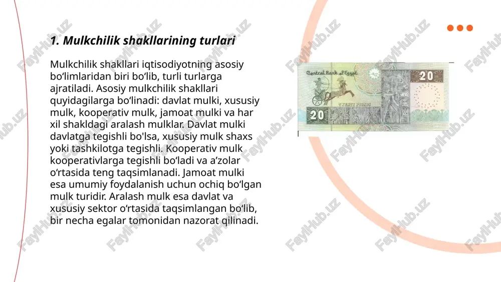 iyatlarni yaratishga qaratilgan. masalan, davlat va xususiy mulk egalarining birgalikda ishtirok etishi orqali sanoat, transport yoki infratuzilma loyihalari amalga oshiriladi. aralash mulkchilik keng ko'lamda davlat-xususiy hamkorlik (dxh) shaklida ko'rinadi. ular ijtimoiy, iqtisodiy va texnologik manfaatlarni birlashtirib, investitsiyalarni kiritishda xavflarni kamaytiradi. o'zbekistonda dxh loyihalari transport, energetika va sog'liqni saqlash kabi sohalarda muvaffaqiyat bilan joriy etilmoqda. bu shakl iqtisodiy samaradorlikni oshirish va resurslardan oqilona foydalanishga ko'maklashadi. ... t.me/slaydai_bot 7. korporativ mulkchilik tizimlari korporativ mulkchilik tizimlari korxonalarning mulkiy va boshqaruv strukturalarini tashkil etish usullarini ifodalaydi. ushbu tizimlar aksiyadorlik jamiyatlari, cheklangan mas'uliyatli jamiyatlar va davlat korxonalarini o'z ichiga olishi mumkin. o'zbekistonda korporativ mulkchilik tizimlari 1992-yildan boshlab aksiyadorlik jamiyatlariga oid qonunlar bilan tartibga solinmoqda. mulkchilik shakllari korxonaning boshqaruv mexanizmlarini, investitsiya jozibadorligini va moliyaviy barqarorligini ta'sir etadi. 2021-yilda o'zbekistonda 36 mingta aksiyadorlik jamiyati va mchj ro'yxatdan o'tgan bo'lib, ularning 52% shaxsiy, qolgani esa davlat va xorijiy investorlar mulkida. ... t.me/slaydai_bot kooperativ mulk – bu kooperativ aʼzolari …