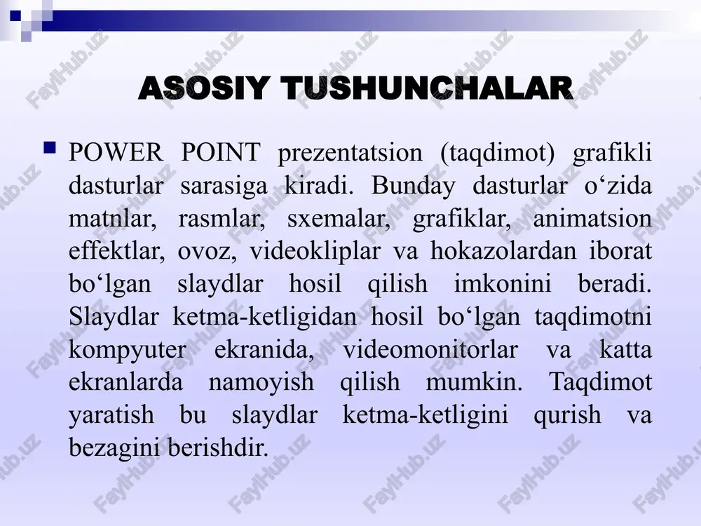 ydni bosing 30 31 32 33 power pointga mansub yordamchi tugmalar - taqdimotga yangi bo’sh slayd qo‘shish. ushbu tugma tanlangandan keyin ekranda oyna orqali yangi slayd turini tanlashni bizga taklif etadi. (sozdat slayd) - taqdimot slaydlarini shakllantirishda power point ning tashqi ko‘rinishini (rangli jixozlanishini) o‘zgartirish yordamchisini ishga tushirish. (konstruktor) - taqdimotni struktura rejimida ko‘rsatganda, slaydlar sarlavxalari va barcha asosiy matinnlarining ko‘rsatish yoki ko‘rsatmasligini ta’minlaydi. - taqdimotni struktura rejimida ko‘rsatganda, slaydlar sarlavxalari va barcha matinnlarining jixozlanishini (tashqi ko‘rinishini) ko‘rsatish yoki ko‘rsatmasligini ta’minlaydi. - tanlangan matn obyektning harflarini soyali(s tenyu)tashqi ko‘rinishiga o‘tkazsh. - tanlangan matn obyektning harflarini bitta qadamga kattalashtirish. power pointga mansub yordamchi tugmalar tanlangan matn obyektning harflarini bitta qadamga kamaytirish. - slayd obyektlarining paydo bo‘lishini aniqlaydigan animatsiya effektlarini sozlash muloqot oynasini ekranga chiqarish. (nastroyka animatsii..) - slayd obyektlarining o’ng tomondan kattalashib, avtomobil ovozi bilan paydo bo’lishi animatsiya effekti. - slayd obyektlarining chap tomondan kattalashib, xushtak ovozi bilan paydo bulishi animatsiya …