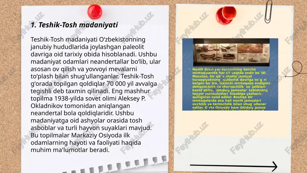 a dehqonchilik bilan shug‘ullangan. andronovo madaniyatining eng muhim joylaridan biri — sintashta, bu yerdan topilgan metallurgik ustaxonalar yadroviy metall ishlab chiqarishni ko‘rsatadi. shuningdek, ular turli turdagi kulolchilik buyumlari va murakkab naqshli tosh haykallar yaratgan. ushbu madaniyat vakillari ko‘chmanchi va yarim ko‘chmanchi turmush tarziga amal qilgan. ... t.me/slaydai_bot 7. bactria-margiana arxeologik turkumi bactria-margiana arxeologik turkumi (bmak), oʻrta osiyo hududida yirik bronza davri madaniyati hisoblanadi. bu nom frantsiya arxeologi viktor sarianidi tomonidan kiritilgan. bmak asosan hozirgi turkmaniston, oʻzbekiston, tojikiston va afgʻonistonning shimoliy hududlarida joylashgan. madaniyat miloddan avvalgi 2200-1700 yillarga oid. ushbu hududda marv, begram, tilla tepe, gonur tepe kabi asosiy arxeologik joylar bilan tanilgan. bmak davrida rivojlangan irrigatsiya tizimlari, ajoyib sopol idishlar, metall asboblar va zargarlik buyumlari ishlab chiqarilgan. bu madaniyatni oʻrganish orqali atrofdagi xalqlar bilan aloqalar, iqtisodiy va ijtimoiy hayot haqida koʻplab maʼlumotlar olinmoqda. ... t.me/slaydai_bot eneolit davrida metallurgiya rivojlanishi insoniyat tarixining muhim bosqichidir. bu davrda, miloddan avvalgi 4-3-ming yilliklarda, insonlar …