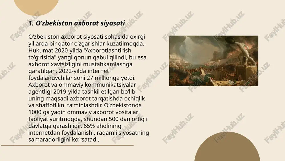 ga erishdi. o‘zbekistonda 2020-yilda internetdan foydalanuvchilar soni 22 millionga yetdi. bu raqam 2023-yilda yanada oshdi. mediada ijtimoiy tarmoqlar, xususan, facebook, telegram va instagram foydalanuvchilari ko‘p. yaqin yillarda o‘zbekistonda internet tezligi 50 mbit/s dan yuqori bo‘lishi kutilmoqda. onlayn kontent iste’moli o‘sishi har yili 15 foiz atrofida bo‘lishi taxmin qilinmoqda. blogerlik va podkastlar ham mashhurlashmoqda, 2023-yilda faol blogerlar soni yuz mingdan oshdi. onlayn nashrlar va auditoriyalarining o‘sishi o‘zbekiston media sohasidagi raqamli transformatsiyaning muhim bir qismidir. ... t.me/slaydai_bot 7. media va siyasiy jarayonlar media va siyosiy jarayonlar dolzarb mavzulardan biri hisoblanadi. o‘zbekiston respublikasi axborot makoni so‘nggi yillarda jadal rivojlanmoqda. internet foydalanuvchilari soni 2023-yilda 16 milliondan oshdi. davlat organlari faoliyatida ochiqlikni ta’minlash maqsadida “munosabat” platformasi ishga tushirilgan bo‘lib, 10 mingdan ortiq murojaatlar qabul qilingan. oavlarning siyosiy jarayonlarga ta’siri ortib bormoqda, ayniqsa, saylov jarayonlarini yoritishda faol ishtirok etmoqda. ommaviy axborot vositalari soni 2023-yilda 2050 taga yetdi. axborot va ommaviy kommunikatsiyalar agentligi tomonidan 1500 dan ziyod …
