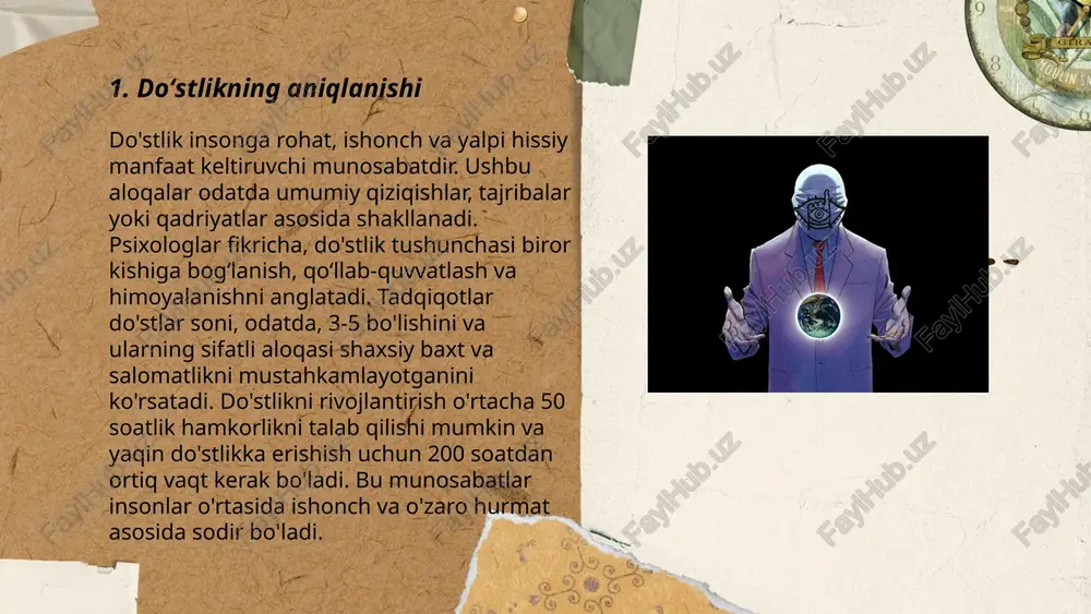 stona munosabatlar asosida quriladi. psixologik tadqiqotlar shuni koʻrsatadiki, kuzatuvchanlik darajasi yuqori bo'lgan insonlar o'rtasida ishonchli aloqalar o'rnatish ehtimoli 55% ga yuqori. ijtimoiy muloqotda samaradorlikni oshirish uchun kuzatuvchanlik qobiliyatlarini rivojlantirish tavsiya etiladi. yaponiyada olib borilgan tadqiqotlar, doʻstona muloqot natijasida jamoaviy ish unumdorligi 15% ga oshishini ko'rsatgan. shuningdek, har kuni 30 daqiqa doʻstona suhbatlar oʻtkazish inson emosional salomatligini yaxshilashi mumkin. ... t.me/slaydai_bot 7. doʻstlik va oʻzini anglash darajasi do'stlik va o'zini anglash darajasi inson hayotidagi muhim omillardan biridir. do'stlik insonning ijtimoiy rivojlanishiga ta'sir qiladi va qo'llab-quvvatlovchi tizim yaratadi. tadqiqotlar shuni ko'rsatadiki, har kuni kamida 30 daqiqa do'stlar bilan muloqot qilish stress darajasini 40% ga kamaytirishi mumkin. o'zini anglash esa shaxsning ichki dunyosini, his-tuyg'ularini va kuchli tomonlarini tushunishga yordam beradi. o'zini anglash darajasi yuqori bo'lgan shaxslar ko'pincha yanada muvaffaqiyatli va baxtli bo'lishadi. statistikaga ko'ra, o'zini yaxshi anglaydigan insonlar qaror qabul qilishda ishonchliroq bo'ladi va hayotiy qoniqish darajasi 30% ga ortadi. ... t.me/slaydai_bot doʻstona …