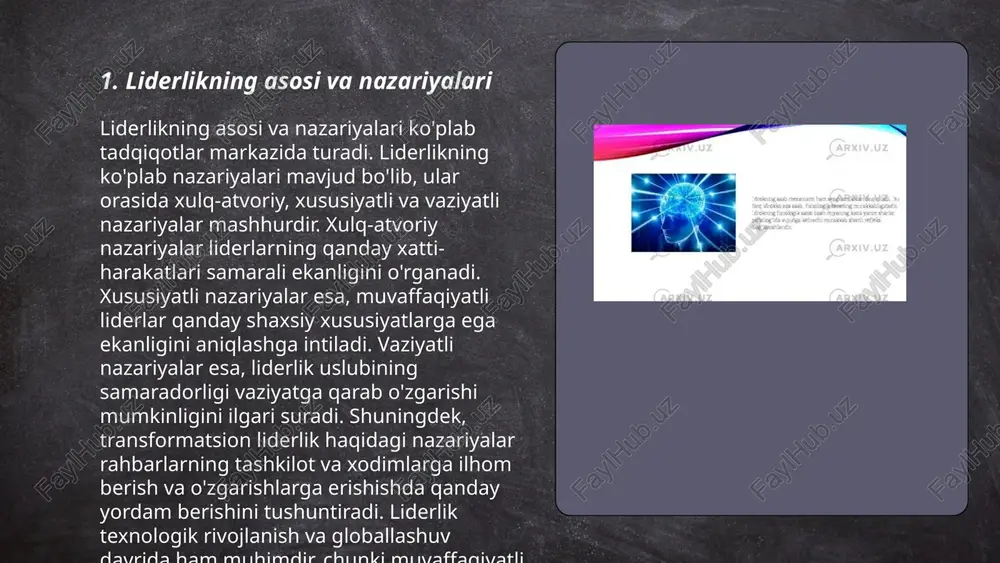 uvda liderlar va xodimlar o'rtasida aniq maqsadlar va kutishlar belgilanadi, bu esa xodimlar faoliyatini baholashda muhim rol o'ynaydi. transaksion liderlik usulida rahbarlar ko'pincha mukofotlar va jazolardan foydalanadi: mukofotlar xodimlarning natijalari kutishlardan oshganda beriladi, jazolar esa kutilgan darajada ishlamaganlarida qo'llaniladi. ushbu liderlik usuli ko'pincha qisqa muddatli maqsadlarga erishishda samarali bo'lib, xodimlar motivatsiyasini kuchaytirish uchun aniq qilib tuzilgan. tadqiqotlar shuni ko'rsatadiki, ayniqsa, o'rtacha va past darajali murakkablikdagi ishlarda transaksion liderlik samarali bo'lishi mumkin. bu liderlik usuli ortidan yuqori mahsuldorlik va intizom ko'rsatkichlari ma'lum vaqt davomida saqlanishi mumkin. liderlik xususiyatlari va individual farqlar uzoqova diyora e'tiboringiz uchun raxmat! image1.png image2.png image3.png image4.jpg image5.png image6.jpg /docprops/thumbnail.jpeg