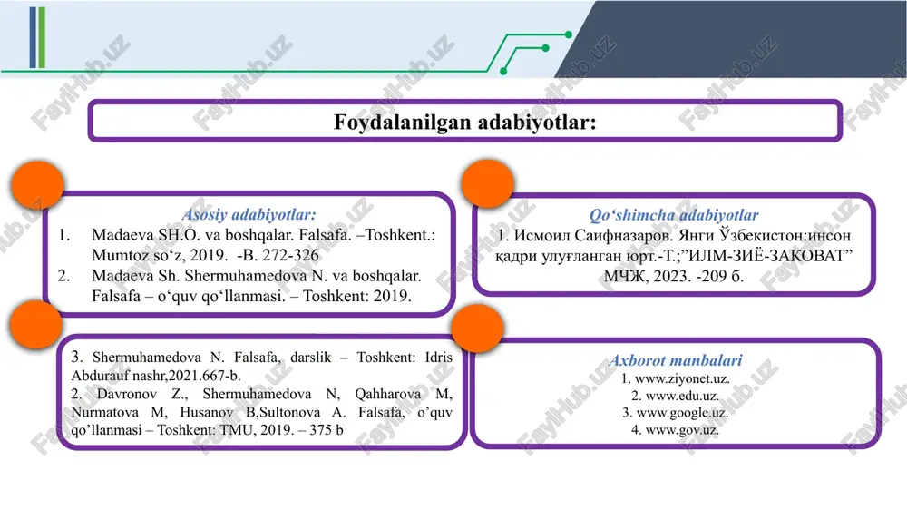 ijtimoiy taraqqiyot, ijtimoiy determinizm, yagona tarixiy makonning vujudga kelishi. tarix falsafasi gnoseologiyasi tarixiy bilish muammolariga, tarixiy faktlar va voqyealarni o’rganish, tahlil qilish va tushuntirish, tarixiy bilimning o’ziga xos xususiyatlarini aniqlash, tarixiy bilishda haqiqatning tagiga yetishga qaratadi. tarix falsafasi antropologiyasi insonning tarixiy jarayondagi o’rnini, bu jarayonda tarix subyektlarining rolini aniqlaydi va «tarixni kim harakatga keltiradi?», degan savolga javob beradi. 01 02 04 03 3. 3. madaniyat va sivilizatsiya. madaniyat insonni boshqa barcha tabiiy-biologik dunyodan ajratib turuvchi murakkab va serqirra hodisa bo‘lib, ijtimoiy hayotning barcha sohalariga daxldordir. madaniyat atamasi (arab tilida – shaharga xos, qayta ishlov berilgan)ning hozirgi zamon fanida 600 dan ko‘proq tariflari mavjud. yaratuvchilik vazifasi. bu madaniyatning bosh vazifasi bo‘lib, inson faoliyati davomida moddiy va manaviy qadriyatlar yaratiladi. marifaiy (gnoseologik) vazifa. informasion (axborot etkazuvchi) vazifa. kommunikativ (aloqa o‘rnatish) vazifasi va boshq… «sivilizatsiya» (lot. civilis – fuqarolarga, davlatga xos), tamaddaun – 1)keng manoda – ongli mavjudotlar mavjudligining har qanday shakli; 2) …