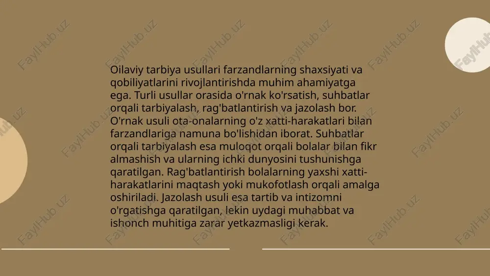 iyatlar mustahkam bo‘lgan hududlarda jinoyatchilik darajasi pastroq bo‘ladi. o‘rganishlar shuni ko‘rsatadiki, ma’naviy tarbiya kuchli bo‘lgan oilalarda bolalar maktabda yaxshiroq natijalar ko‘rsatishni boshlashadi. har bir oila a’zosi ma'naviy tarbiya orqali jamiyatda mas'uliyatli va hissiyotli bo‘lib ulg‘ayadi. tadqiqotlar asosida, ota-onalarning 80% i farzandlariga diniy va ma’naviy bilimlarni berishga harakat qiladilar. muhim jihati, bu borada o'rnatilgan asosiy printsiplar: oilaviy muhabbat, ehtirom va o'zaro tushunishdir. demek, oilaviy qadriyatlar jamiyatni mustahkamlashga xizmat qiladi. oila bilan olib boriladigon ijtimoiy pedagogik faoliyat omonxonova dilnozaxon e'tiboringiz uchun raxmat! image1.png image2.png image3.png /docprops/thumbnail.jpeg