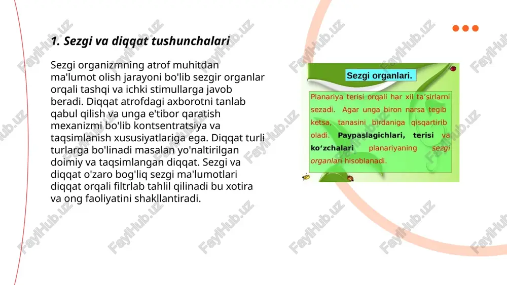 qqat — muayyan ma'lumotlarga e'tiborni yo'naltirish va ortiqcha signallarni filtrlaydigan psixologik jarayon. u chegaralangan emotsional va kognitiv resurslardan foydalanadi; broadbentning filtr nazariyasi va treisman attenuatsiya modeli bunga misol. yuqoridan pastga (maqsadga yo'naltirilgan) va pastdan yuqoriga (stimulyarga asoslangan) mexanizmlar ishtirok etadi. neyron darajada parietal korteks, prefrontal zonalar va frontal ko‘z maydonchalari faol. amaliy jihatdan diqqatni boshqarish konsentratsiyani oshiradi va chalg'itishni kamaytiradi. sezgi va diqqat qosimova dilshoda e'tiboringiz uchun raxmat! image1.png image2.png image3.png image4.jpg image5.png image6.jpg image7.jpg /docprops/thumbnail.jpeg