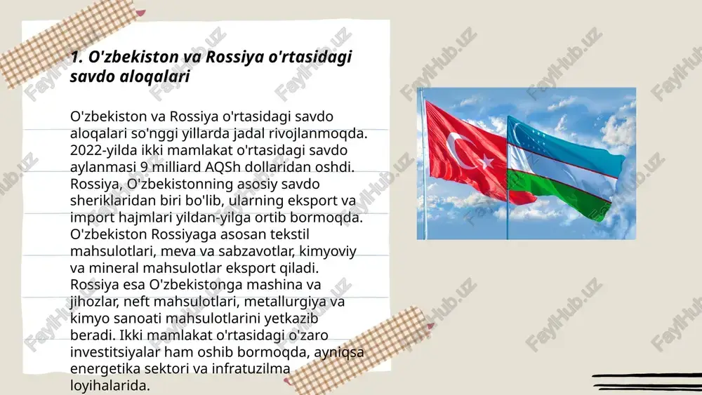 a natijalari 2018-yilda 7% ga yaxshilangan. ... t.me/slaydai_bot oʻzbekiston mudofaa va xavfsizlik bilan bogʻliq masalalarda muhim islohotlarni amalga oshirmoqda. armiya xizmatchilari soni qariyb 50 mingni tashkil etadi. davlat mudofaa byudjeti yiliga taxminan 1,5 milliard aqsh dollarini tashkil etadi, bu esa yimning taxminan 3 foiziga toʻgʻri keladi. oʻzbekiston markaziy osiyo mintaqasidagi xavfsizlikni taʼminlash uchun qoʻshni davlatlar bilan 20 dan ortiq harbiy hamkorlik kelishuvlarini imzolagan. 200 kun mobaynida 10 dan ziyod mamlakat bilan qoʻshma harbiy mashqlar oʻtkaziladi. shuningdek, xavfsizlik sohasida chegaralarni himoyalash uchun 3 mingdan ortiq chegara posti modernizatsiya qilindi. ... t.me/slaydai_bot 7. madaniyat va san'at almashinuvi madaniyat va san'at almashinuvi zamonaviy davrda millatlararo muloqotni mustahkamlashda muhim ahamiyatga ega. bugungi kunda dunyo bo'ylab har yili minglab san'at ko'rgazmalari, madaniy tadbirlar va festivallar o'tkazilmoqda. 2022 yilda xalqaro madaniyat va san'at almashinuvi doirasida 150 dan ortiq mamlakatlar o'zaro 2000 dan ziyod tadbir tashkil etishdi. o'zbekistonda 2023 yil davomida 70 dan ortiq madaniy almashinuv dasturlari …