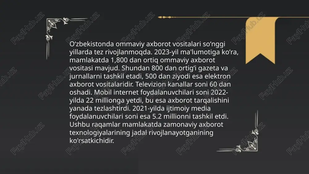 axborot vositalarining soni 1,935 ni tashkil etgan. bulardan 64% mahalliy nashrlardir. 2023-yilda internet foydalanuvchilarining miqdori 24 millionga yetgan bo‘lib, bu oav yetkazish dasturlarininig ommaviyligini ta’kidlaydi. oavning ta’siri ko‘rsatilayotgan axborotning tezligi va ishonchliligiga bog‘liq bo‘lib, soxta ma’lumotlarni oldini olish orqali jamiyatda barqarorlikni saqlashga yordam beradi. oav orqali jamoatchilik fikrini shakllantirishga ham katta hissa qo‘shiladi. ... t.me/slaydai_bot oʻzbekistonda jurnalistlarning huquqiy maqomi 1997-yilda qabul qilingan "ommaviy axborot vositalari toʻgʻrisida"gi qonun bilan belgilanadi. bu qonun jurnalistlarning huquqlarini, majburiyatlarini hamda himoya vositalarini aniq ko'rsatadi. jurnalistlar axborot olish, uni erkin tarqatish, tekshirish va tahlil qilish huquqiga ega. shuningdek, ularning axborot manbalarini himoya qilish huquqi bor. 2023-yilga kelib, mamlakatda 1,700 dan ortiq ommaviy axborot vositalari faoliyat ko'rsatmoqda, ular orasida 800 ga yaqin gazeta va jurnal mavjud. jurnalistlar uchun maxsus akkreditatsiya tizimi joriy etilgan bo‘lib, bu jarayon ularning professional faoliyatini tartibga solishga yordam beradi. ... t.me/slaydai_bot 8. oavda axborot xavfsizligi mavzusi dolzarb masalalardan biridir. o‘zbekiston respublikasi prezidentining 2019-yil …