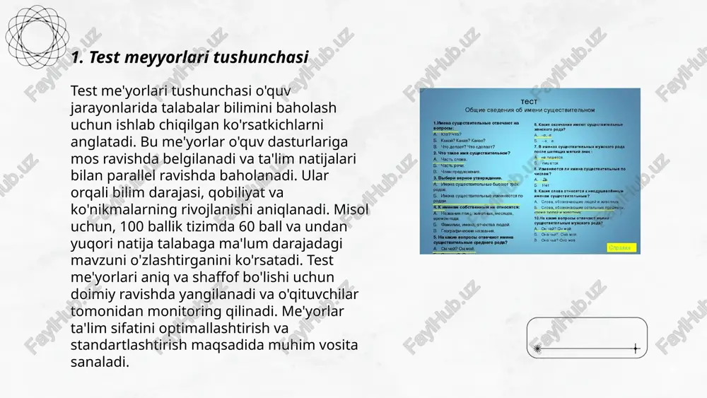 anilib, natijaga ta'sir qiluvchi omillarni hisobga olish vaqti kelganda tanlanadi. tanlashning muhimligi aniqlik va ishonchlilikni oshirishdan iborat. ... t.me/slaydai_bot meyyor va populyatsiya o'rtasidagi bog'liqlikda testlar muhim o'rin tutadi. meyyorlar odatda 95% ishonchli intervallar ichida o'rganiladi, populyatsiya esa son jihatdan katta guruhni ifodalaydi. statistika bo'yicha, populyatsiya o'lchamlari millionlab insonlarni qamrab olishi mumkin. sinovlar populyatsiyaning o'rta qiymatini, tarqalishini va boshqa xususiyatlarini aniqlash uchun o'tkaziladi. masalan, katta populyatsiyalarni o'rganishda 1000 dan ortiq namunalar olish talablari mavjud. ayniqsa, klinik tadqiqotlarda odatda 30 va undan ortiq subyektlar ustida testlar o'tkaziladi. test natijalari populyatsiya parametrlarini aniqlash uchun matematik modellar orqali tahlil qilinadi. ... t.me/slaydai_bot 7. reprezentativlik darajasi reprezentativlik darajasi statistik ma'lumotlarning qanday katta guruh yoki tanlanma orqali umumiy populyatsiyaga mos kelishini ifodalaydi. bu ko'rsatkichni aniqlash uchun tanlama olish usuli va uning hajmi muhimdir. masalan, 1000 kishidan iborat tanlama butun mamlakat aholisining vakili bo'lishi uchun ehtiyotkorlik bilan tanlangan bo'lishi kerak. odatda, 95% ishonchlilik darajasiga erishish uchun tanlama …