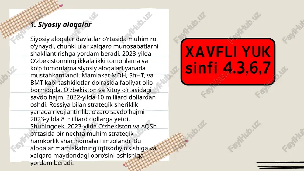 an manbalar orqali olishni rejalashtirgan. o‘zbekiston va qozog‘iston o‘rtasidagi kelishuvga ko‘ra, ikki davlat o‘zaro 2025 yilga qadar 5 gigavatt quvvatli shamol va quyosh energiya loyihalarini amalga oshirishni maqsad qilgan. shuningdek, o‘zbekiston va turkmaniston o‘rtasidagi gaz tranziti hamkorligi 40 milliard kub metr gazni tashkil etadi. o‘zbekiston-rossiya hamda o‘zbekiston-aqsh energetika sohalaridagi kelishuvlari asosida yiliga qo‘shimcha 2 gigavatt elektr energiya ishlab chiqarish rejalashtirilgan. ... t.me/slaydai_bot 7. transport va logistika aloqalari transport va logistika aloqalari sohasida oʻzbekiston mintaqaviy integratsiya va xalqaro hamkorlikni kuchaytirmoqda. 2023-yilda temiryoʻl tarmoqlari uzunligi 7,000 km ga yetdi, avtomobil yoʻllari esa 200,000 km ni tashkil etadi. xalqaro yuk tashishning 40% avtomobil transportiga toʻgʻri keladi, qolgan qismini temiryoʻl (30%), aviatsiya (15%) va boshqa transport vositalari tashkil etadi. oʻzbekiston 2023-yilda tranzit yuklar hajmini 20% ga oshirishni rejalashtirmoqda. xalqaro transport yo‘nalishlari boʻyicha “xitoy-qirg‘iziston-o‘zbekiston” va “turkmaniston-o‘zbekiston-toshkent-oqtau-boku” kabi loyihalar amalga oshirilmoqda, bu esa logistika imkoniyatlarini kengaytirishda muhim rol oʻynamoqda. ... t.me/slaydai_bot investitsiyalarni rag‘batlantirishning ahamiyati kattadir, chunki …