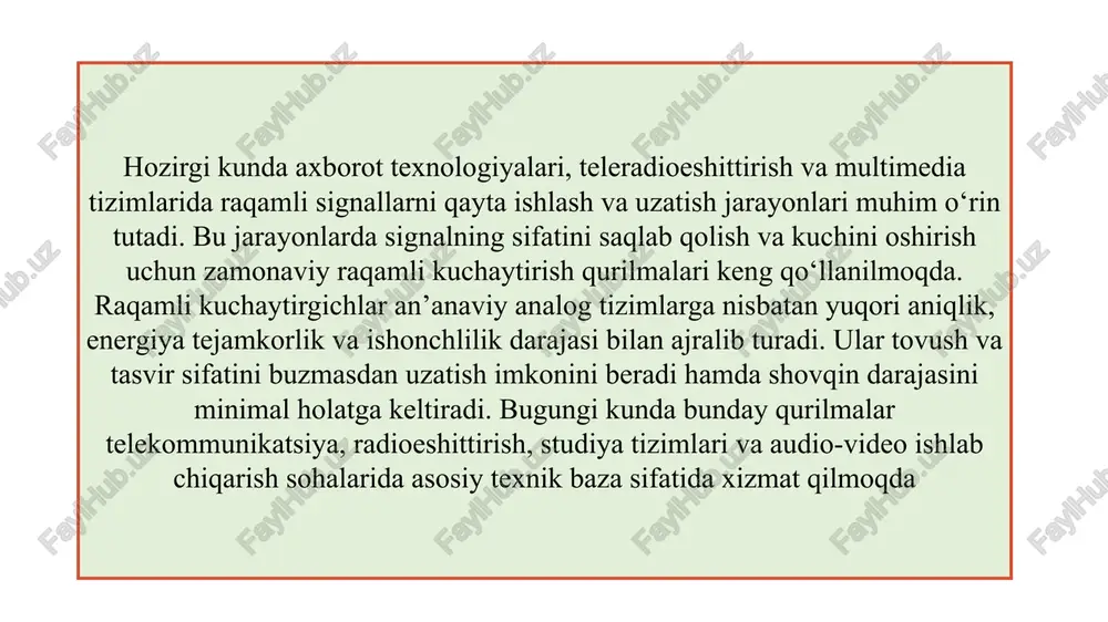 rish qurilmalarining tuzilishi va ishlash prinsiplari mikroprotsessor va raqamli signal protsessorlaridan (dsp) foydalanish mexanizmi raqamli kuchaytirgichlarning yuragi – bu dsp (digital signal processor) yoki mikroprotsessorlardir. dsp qurilmasi kiruvchi raqamli signallarni real vaqt rejimida tahlil qilib, kerakli darajada kuchaytiradi. bu jarayonda u filtratsiya, fazani tekislash va signalning amplitudasini muvozanatlashtirishni amalga oshiradi. dsp arxitekturasi tezkor xotira (ram) va yuqori tezlikdagi matematik bloklarga ega bo‘lib, murakkab hisob-kitoblarni mikrosekundlarda bajaradi. mikroprotsessorlar esa qurilmaning umumiy boshqaruvini ta’minlab, kuchaytirish darajasini avtomatik sozlaydi. shu orqali signalning aniqligi va barqarorligi doimiy saqlanadi. dsp texnologiyasi tufayli raqamli kuchaytirgichlar yuqori samaradorlikka ega bo‘lmoqda. raqamli kuchaytirish qurilmalarida shovqinni kamaytirish eng muhim masalalardan biridir. buning uchun raqamli filtrlar, past chastotali filtrlar (lpf) va adaptiv shovqin bostirish algoritmlari qo‘llaniladi. shuningdek, chiqish bosqichida pwm (pulse width modulation) texnologiyasi yordamida signalning tozaligi saqlanadi. energiya samaradorligini oshirish uchun quvvatni avtomatik boshqaruvchi tizimlar, issiqlikni kamaytiruvchi tranzistor modullari va sinxron konvertorlar ishlatiladi. bu yechimlar qurilmani uzoq muddat ishlashga …