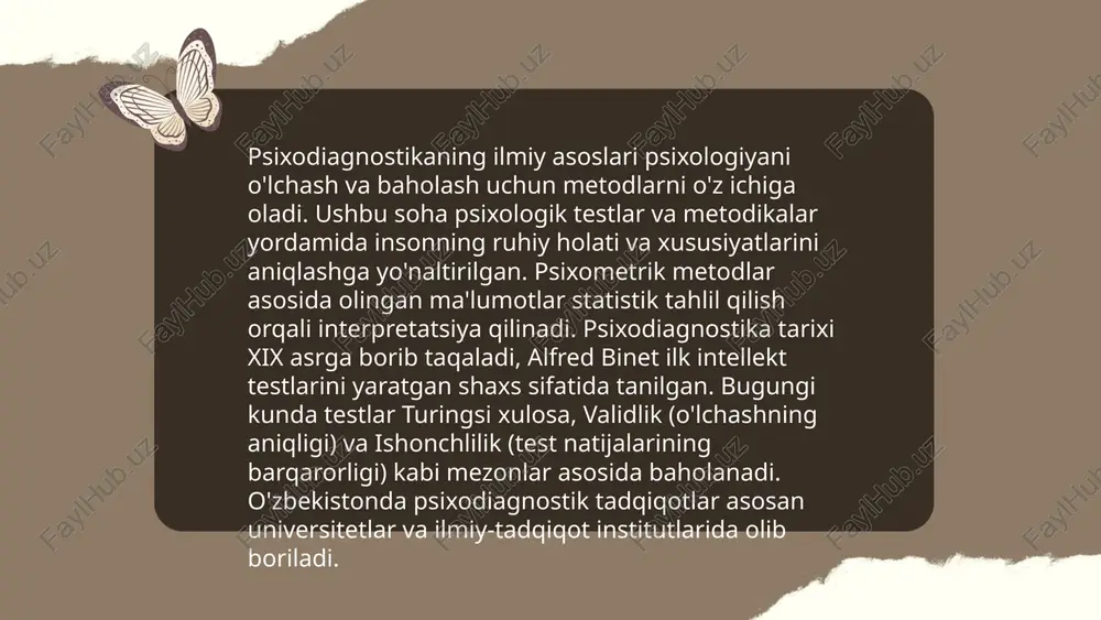 amalga oshiriladi. maqsad, turli kasb va sohalarda talab qilinadigan maxsus qobiliyatlarni aniqlashdir. masalan, maqbul kasbiy qobiliyatlar orasida mantiqiy fikrlash, matematik tahlil, ijodiy yondashuv va kommunikativ ko'nikmalar kiradi. diagnostika natijalari kasb tanlash, karyera o'sishini rejalashtirish va xodimlarni samarali boshqarish uchun muhimdir. testlar natijalari 0 dan 100 gacha bo'lgan ball tizimida baholanadi, yuqori ball esa yuqori qobiliyatlarni ifodalaydi. ... t.me/slaydai_bot rivojlanish psixodiagnostikasi psixologik diagnostika sohasidagi usul bo'lib, insonning rivojlanish bosqichlarini baholash uchun qo'llaniladi. ushbu sohada erta bolalikdan o'smirlik davrigacha bo'lgan yutuqlar va qiyinchiliklarni aniqlash muhimdir. rivojlanish diagnostikasi 3 yoshdan 18 yoshgacha bolalar uchun mos testlarni o'z ichiga oladi. masalan, vineland moslashuvchan xulq-atvor o'lchovi 3 yoshdan 90 yoshgacha bo'lgan shaxslarni baholaydi va intelektual rivojlanishni ko'rsatadi. dass va scottning social skills improvement system testi ham keng ishlatiladi. ushbu metodlar yordamida psixologlar bolalarda rivojlanish buzilishlarini aniqlash, ularni tuzatishga yo'naltirilgan intervensiyalarni rejalashtirish imkoniyatiga ega bo'ladilar. ... t.me/slaydai_bot psixosomatik tahlil va diagnostika mental va jismoniy salomatlik o'rtasidagi …