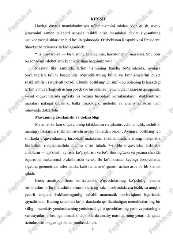 , a. jumayev kabi metodist olimlarning ishlarida boshlang‘ich ta’limda matematik ko‘nikmalarni shakllantirish, o‘quvchilarda mustaqil fikrlash va hisoblash madaniyatini rivojlantirish masalalari yoritilgan. biroq 4-sinfda og‘zaki va yozma hisoblashni integrallashgan, ya’ni o‘zaro uyg‘unlikda shakllantirish masalasiga bag‘ishlangan kompleks tadqiqotlar nisbatan kam. ayniqsa, zamonaviy raqamli vositalar, o‘yinli metodlar, mantiqiy mashqlar orqali o‘quvchilarning hisoblash malakasini oshirish masalasiga yetarli e’tibor berilmagan. shu sababli, mazkur kurs ishining ilmiy yangiligi shundaki, unda mavjud metodik qarashlar asosida 4-sinf sharoitiga mos, amaliyotda qo‘llash mumkin bo‘lgan samarali yondashuvlar ishlab chiqiladi. mavzuning ob’yekti va predmeti · tadqiqot ob’yekti: 4-sinf o‘quvchilarning matematika darslarida og‘zaki va yozma hisoblashni o‘zlashtirish jarayoni. · tadqiqot predmeti: og‘zaki va yozma hisoblash ko‘nikmalarini shakllantirishda qo‘llaniladigan samarali metodlar, didaktik vositalar, o‘yinli mashqlar hamda interaktiv texnologiyalar. kurs ishining asosiy maqsadi — 4-sinf o‘quvchilarida og‘zaki va yozma hisoblash ko‘nikmalarini shakllantirishga doir metodik asoslarni ishlab chiqish, o‘quv jarayonida ularni samarali qo‘llash yo‘llarini aniqlash hamda tajribada sinovdan o‘tkazishdan iborat. kurs ishining vazifalari ushbu maqsadga …