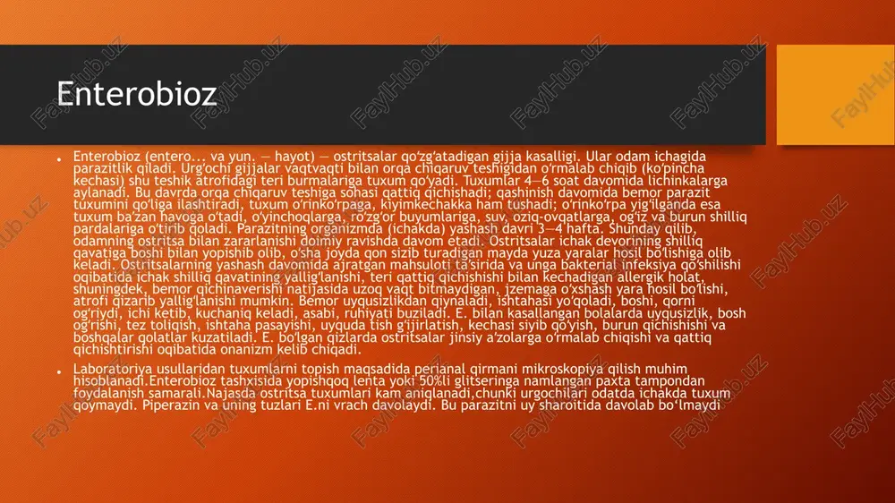 bo'lishi bilan kechadi. ekinokokkozning o'ziga xos bo'lmagan belgilari orasida zaiflik, ürtiker, vaqtinchalik isitma; o'ziga xos bo'lganlar parazitning joylashishiga bog'liq va mahalliy og'riqlar, ko'ngil aynishi, sariqlik, yo'tal, fokal nevrologik simptomlar, kardialgiya, aritmiya va boshqalar bilan ifodalanishi mumkin. ekinokokkoz diagnostikasi instrumental tadqiqotlar (rentgen, sintigrafiya, ultratovush, kt) va serologik testlar. exinokokkozni davolash jarrohlik yo'li bilan amalga oshiriladi. exinikokkoz askaridoz askaridoz gelmintik kasallik bo'lib, uning etiologik qo'zg'atuvchisi yumaloq chuvalchanglar - askaridlar, odamning ingichka ichaklarida parazitlik qiladi. askariozning dastlabki bosqichi umumiy buzuqlik, isitma, teri toshmasi, gepatosplenomegaliya, limfadenit, quruq yo'tal belgilari bilan davom etadi. surunkali bosqichda oshqozon-ichak traktining shikastlanish belgilari birinchi o'ringa chiqadi: ishtahani yo'qotish, ko'ngil aynishi, diareya va qorin og'rig'i. askariozni aniqlash uchun serologik testlar, gelmint tuxumlari uchun najasni o'rganish o'tkaziladi. askariozni davolash antigelmintik preparatlar (vermox, decaris, pirantel) bilan amalga oshiriladi; qo'shimcha ravishda antigistaminlar, ferment preparatlari, probiyotiklar buyuriladi. erkak va urg’ochi askarida tenioz tenioz - cho'chqa go'shti lentasining ingichka ichaklarida parazitizm natijasida kelib chiqadigan gelmintozlar …