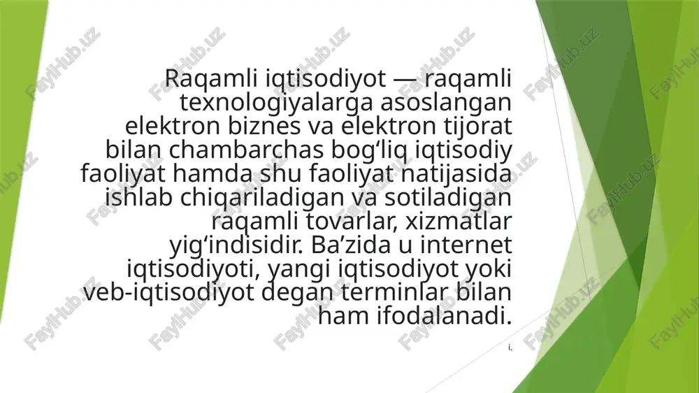 yoki veb-iqtisodiyot degan terminlar bilan ham ifodalanadi. 1995 yilda amerikalik dasturchi nikolas negroponte „raqamli iqtisodiyot“ terminini amaliyotga kiritdi. hozirda bu istilohni butun dunyodagi siyosatchilar, iqtisodchilar, jurnalistlar, tadbirkorlar — deyarli barcha qo‘llamoqda. 2016 yilda butunjahon banki dunyodagi raqamli iqtisodiyotning ahvoli haqida ilk marta maʼruza eʼlon qildi („raqamli dividendlar“). mamlakatimiz prezidenti shavkat mirziyoev taʼkidlaganidek, „taraqqiyotga erishish uchun raqamli bilimlar va zamonaviy axborot texnologiyalarini egallashimiz zarur va shart.[2] bu bizga yuksalishning eng qisqa yo‘lidan borish imkoniyatini beradi“. o‘zbekiston respublikasi prezidenti huzuridagi loyiha boshqaruvi milliy agentligi raqamli iqtisodiyotni joriy etish va rivojlantirish sohasida vakolatli organ hisoblanadi. bundan tashqari iqtisodiyot, moliya, axborot texnologiyalari, adliya vazirliklari va boshqa qator davlat tuzilmalari raqamli iqtisodiyotni rivojlantirish uchun o‘ziga xos mas’uliyat va vazifalarga ega. bu haqida kuni kecha prezident shavkat mirziyoyevning oliy majlis senati va qonunchilik palatasiga qilgan murojaatnomasida ham alohida taʼkidlab o‘tildi. prezident shavkat mirziyoyevning oliy majlis senati va qonunchilik palatasiga qilgan murojaatnomasida „2020 yil — ilm- maʼrifat …