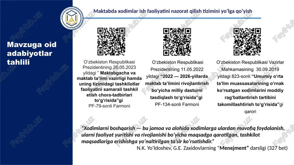 an dasturlar orqali inson omilisiz baholash va kpi tizimi keng qo‘llaniladi kpi tizimini faoliyatini amalga oshirish jarayonlarini rivojlantirish 2 umumta’lim muassasalaridagi o‘qituvchilarning bazaviy tarif stavkalariga har oylik ustamalar ularning kasbiy mahorati, ma’naviy-axloqiy, tarbiyaviy va sinfdan tashqari ishlari uchun mezonlar asosida baholash tizimi qo‘llaniladi. aqsh va finlyandiyada xodimlarning ish natijalari asosida rag’batlantirish dasturlari keng qo‘llaniladi 360-daraja (maktab ma’muriyati, kasaba uyushmasi, pedagog va jamoatchilik nazorati) baholash tizimini joriy qilish 3 umumta’lim muassasalaridagi o‘qituvchilar kasbiy rivojlanishi “o‘qituvchi portfoliosi” yuritib boriladi va bu o‘qituvchining o‘z o‘zini baholash imkonini beradi. finlyandiya va singapurda pedagoglar uchun avtomatlashtirilgan onlayn portfoliasi amalda keng qo‘llaniladi o‘z-o‘zini baholash tizimini onlayn tizimini joriy qilish 4 xodimlar ish faoliyatini nazorat qilish bugungi kunga kelib bosqichma bosqich avtomatlashtirib borilmoqda. maktablar reja asosida xavfsiz maktab dasturi orqali faceid tizimiga o‘tkazilib kelinmoqda. bu xodimlar ish faoliyatini avtomatik nazoratni, inson omilisiz bajarish imkonini beradi. singapurda ta’lim muassasalarida faceid tizimi keng qo‘llaniladi maktabda xodimlar nazoratini avtomatlashtirilgan faceid …