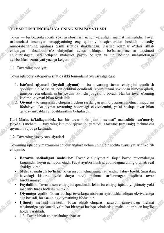 i har bir tovar boshqa sohalardagi mahsulotlar bilan bog‘liq holda yaratiladi. · 1.3. tovar ishlab chiqarishning shartlari tovar ishlab chiqarish ikki asosiy shart mavjud bo‘lgan taqdirdagina yuzaga keladi: 1. mehnat taqsimoti – bu ishlab chiqaruvchilarning ixtisoslashuvi, ya’ni har kim ma’lum bir mahsulot turini ishlab chiqaradi. 2. iqtisodiy jihatdan mustaqil ishlab chiqaruvchilar mavjudligi – bu shart shuni anglatadiki, har bir ishlab chiqaruvchi o‘z mehnati natijasini boshqa tovarlarga ayirboshlash orqali o‘z ehtiyojlarini qondiradi. 1.4. tovarning tarixiy rivojlanish bosqichlari tovar ayirboshlashning shakllanishi uzoq tarixiy jarayonni bosib o‘tgan: · bevosita ayirboshlash (barter) – dastlab odamlar tovarlarni to‘g‘ridan-to‘g‘ri bir-biriga almashtirishgan. masalan, dehqon bug‘doyni chorvadorning sutiga almashtirgan. · oddiy tovar muomalasi – bunda tovarlar ayirboshlash jarayonida ma’lum “umumiy ekvivalent” orqali almashtirilgan (masalan, tuz, teri yoki metall). · pul paydo bo‘lishi – vaqt o‘tishi bilan ayrim tovarlar (masalan, oltin, kumush) umumiy ekvivalent sifatida tan olingan. bu esa tovar muomalasini yengillashtirgan va pul tizimining asosini yaratgan. · 1.5. …