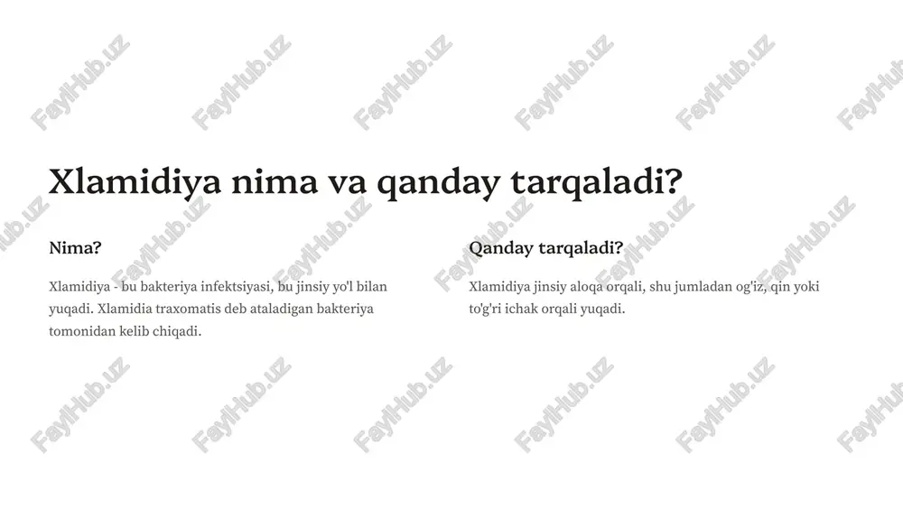 ma, ko'krak qafasi og'rig'i kabi alomatlarni keltirib chiqarishi mumkin. 11 xulosa himoya qilish xlamidioz juda keng tarqalgan kasallik, ammo undan himoyalanish mumkin. jinsiy aloqa paytida prezervativdan foydalanish va muntazam tekshiruvdan o'tish infektsiya xavfini kamaytiradi. davolash xlamidioz antibiotiklar bilan davolanadi, ammo kasallikning oqibatlarini oldini olish uchun erta davolash muhim. 12 foydalanilgan adabiyotlar siz xlamidioz haqida qo'shimcha ma'lumotni sog'liqni saqlash sohasidagi ma'lumot saytlari va xlamidioz bo'yicha kitoblardan olishingiz mumkin. 13 image1.png image2.png image3.png image4.png image5.png image6.png image7.png image8.png image9.png image10.png image11.png image12.png image13.png image14.png image15.png image16.png image17.png image18.png image19.png image20.png