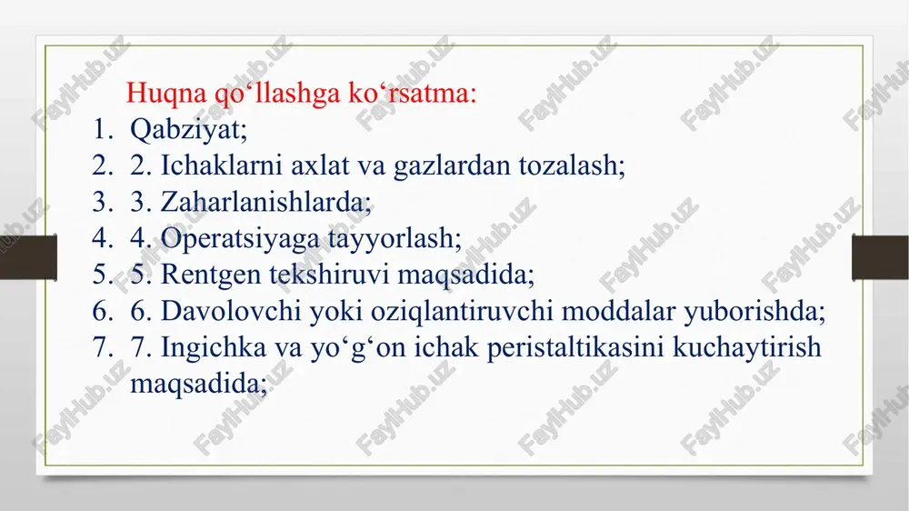 oqsil moddalar va aminokislotalar ishlatiladi. oziqlantiruvchi klizmani to‘gri ichakni qo‘zgaluvchanligi oshmasligi sabablikuniga 1-2 marta qo‘yish tavsiya etiladi image7.jpg image8.jpg image3.png image4.png /docprops/thumbnail.jpeg
