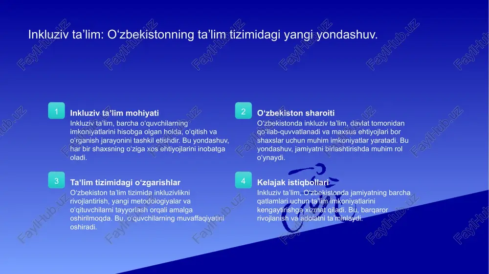 oyillarini amalga oshirishga xizmat qiladi. inkluziv taʼlim: oʻzbekistonda maxsus ehtiyojlari boʻlgan shaxslar uchun maqsadlar. maxsus ehtiyojlar oʻzbekistondagi maxsus ehtiyojlari bor shaxslar uchun inkluziv taʼlim, ularning o'qish va rivojlanish imkoniyatlarini oshirishni maqsad qiladi. ta'lim tizimidagi o'zgarishlar inkluziv taʼlimni joriy etish orqali, o'zbekistonlik o'qituvchilar va ta'lim muassasalari, barcha talabalarning ehtiyojlarini qondirishga intilishmoqda. ijtimoiy integratsiya maxsus ehtiyojlari bor shaxslar uchun inkluziv taʼlim, ularni jamiyatga qo'shish va ijtimoiy integratsiyani kuchaytirish maqsadida muhim ahamiyatga ega. taʼlimda inkluzivlik: har bir oʻquvchining yutuqlari uchun imkoniyat yaratish. taʼlimda inkluzivlik har bir oʻquvchining yutuqlari uchun muhim imkoniyatlar yaratadi. bu, oʼquvchilarning individual ehtiyojlarini hisobga olib, ularning ijtimoiy, emotsional va akademik rivojlanishiga koʼmaklashadi. inkluziv taʼlim barcha talabalarning oʼqish jarayonidagi faol ishtirokini taʼminlaydi va samarali oʼqitish strategiyalarini qoʼllashga undaydi. photo by michał parzuchowski on unsplash inkluziv taʼlimning asosiy maqsadlari: tenglik va adolat tamoyillari. tenglikni ta'minlash inkluziv ta'limda tenglik har bir o'quvchining o'z imkoniyatlaridan foydalanishga, o'z qobiliyatlarini namoyish etishga imkon beradi. adolat tamoyillari …