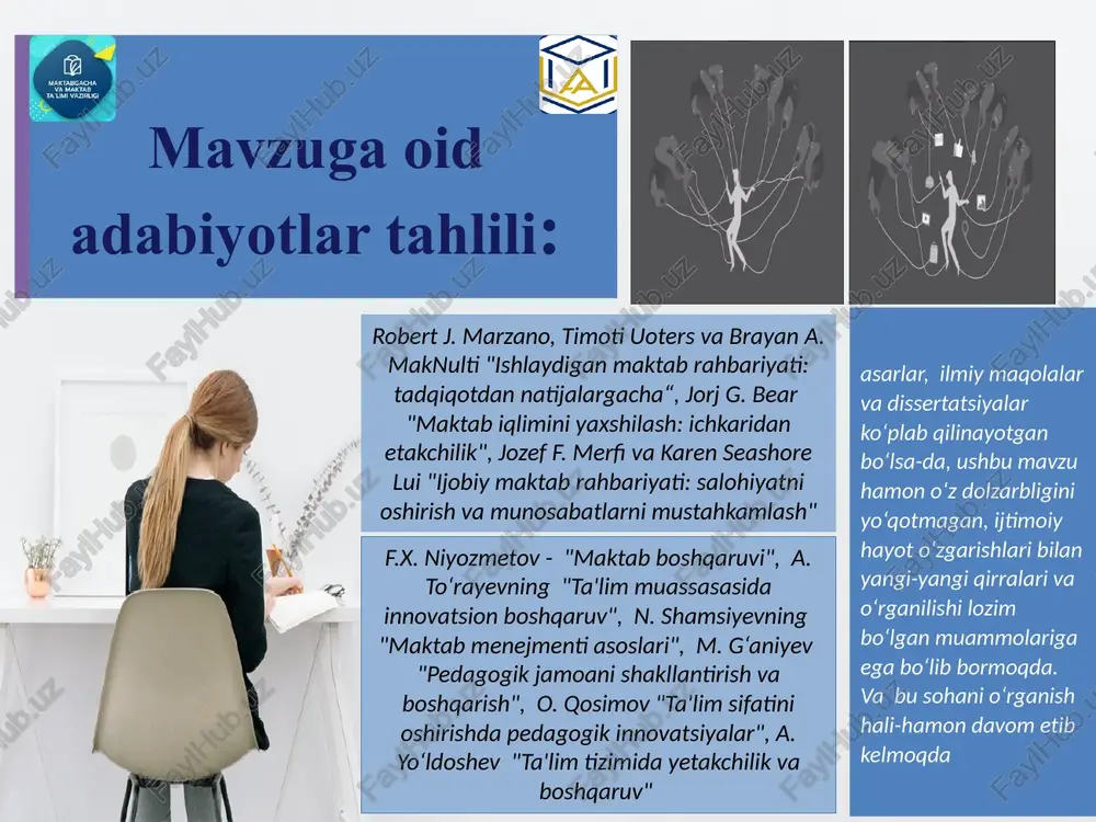 b qiluvchi tadbirlar o‘tkaziladi.intizom va madaniyatga katta e’tibor qaratiladi. o‘qituvchilar o‘z vazifalariga jiddiy munosabatda bo‘ladilar 6 03.07.2024 7 qiyosiy tahlil etilganligi. amaldagi holat (o‘zbekistonda) amaldagi holat (horijda) taklif 1 avtonomiya va ishtirok:markazlashgan boshqaruv tizimi kuchliroq o‘qituvchilar katta avtonomiyaga ega va ta’lim jarayonida faol ishtirok etadi maktablarda rahbarlar boshqaruv tizimida liberal boshqoruv qobiliyatiga ega bo‘lishi kerak 2 psixologik qo‘llab-quvvatlash: bu xizmatlarning qamrovi va sifatini yaxshilash talab etiladi rivojlangan davlatlarda psixologik qo‘llab-quvvatlash tizimi keng qamrovli va samarali maktablardagi psixologik xizmatlar sifatini yangi darajaga olib chiqish va bunda huquqiy me’yorlar ishlab chiqish 3 jamoaviy ishlash: maktablar pedagogik jamoalarida bu tizimda muammolar mavjud, ularning vakolatlari ma’lum daraja yoki mezon bilan chegaralangan rivojlangan davlatlarda jamoaviy ishlash usuli yuqori darajada rivojlangan va samarali qo‘llaniladi maktablarda jamoaviy ishlash jarayoniga yangiliklar kiritish, fanlar va metod birlashmalari o‘rtasida aloqalarni mustahkamlashni amaliy nazoratini oshirish kerak xulosa: maktab pedagogik jamoasi – bu maktabda ta’lim va tarbiya jarayonini amalga oshiruvchi, o‘qituvchilar , …