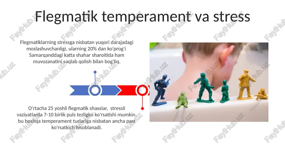 istondagi tadqiqotlar buni tasdiqlaydi. xolerik temperamentli shaxslarning stressga chidamliligini oshirish uchun, masalan, yoga yoki meditatsiya kabi usullarni qo'llash orqali, ularning 20% gacha hissiy stress darajasini pasaytirishga erishish mumkin. bu esa ularning sog'lig'ini yaxshilashga yordam beradi. xolerik temperament va stress har bir temperament turining stressga munosabati flegmatik temperament egalari 15% hollarda stressga nisbatan yuqori chidamlilik ko'rsatadi, sekin va o'ylangan harakatlari tufayli, masalan, xorazmda o'zlarini tinch va xotirjam his qiladilar. xolerik temperamentli shaxslar 70% hollarda stressga yuqori darajada moyil bo'lib, tezkor qarorlar qabul qilishga moyilligi tufayli, masalan, toshkentdagi gavjum transportda ham o'zlarini yo'qotib qo'yishlari mumkin. sangvinik temperament tadqiqotlar shuni ko'rsatadiki, sanguinik temperamentga ega bo'lgan 25 yoshdan 45 yoshgacha bo'lgan shaxslarning 60 foizi, aqshdagi stressli vaziyatlarda samaraliroq ishlash qobiliyatiga ega. sanguinik temperamentli odamlar, masalan, 70% hollarda, muammolarga optimistona yondashadi va 3 dan ortiq echimni tezkor topishga qodir, bu esa ularni stressga nisbatan ancha chidamli qiladi. stress tushunchasi va uning turlari stress darajasi 1 …