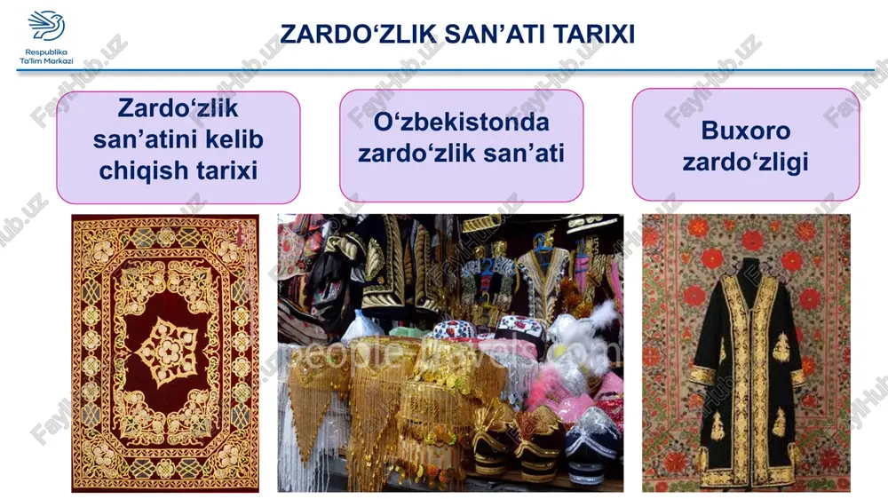 hhozirgi kungacha buxoroda saqlanib kelayotgan kashtachilik san’atining o’ziga xos va qiziqarli bu turi goyat uzoq davr mobaynida sayqal topgan va takomillasha borgan. buxorolik zardo’zi ustalarining o’ziga xos sermazmun naqshlari, goyat nafis texnik uslublari, mukammal terminologiyasi, uzoq davrlar mobaynida sayqal topgan rangbarang choklarini nazarda tutsak bu san’atning tarixiy rivojlanish jarayonini tularoq tasavvur etishimizga imkon beradi. xix va xx asr boshlarida kashtachilik san’atining bir turi bo’lgan zarduzlik buxoroning o’ziga xos xususiyatini aks ettirgan. mazmuni jihatidan xalqchil bo’lgan va qimmatbaho matodan tayyorlanadigan zardo’zi kiyimlar mahalliy aholining turli tabaqalari o’rtasida keng tarqalgan ipak ip bilan kashta tikishga qaraganda nozik didni talab qilgan. bu kiyim-kechaklar asosan amir saroyidagilarning ehtiyoji uchun tiqilgan, ba’zangina shahardagi boy ayonlar uchun tayyorlanganlar. ota-bobosidan meros bo’lgan kashtachilik kasbi bilan shugullangan yuzlab qo’li gul ustalar buxoro amirining hashamatli saroyidagi himmatbaho zardo’zi kiyimlarni taiyorlash bilan band edilar. buxoro zardo’zi ash’yolarining deyarli hammasi amir saroyining ehtiyoji uchun ishlatilardi, faqat juda oz miqdorigina sotish uchun …