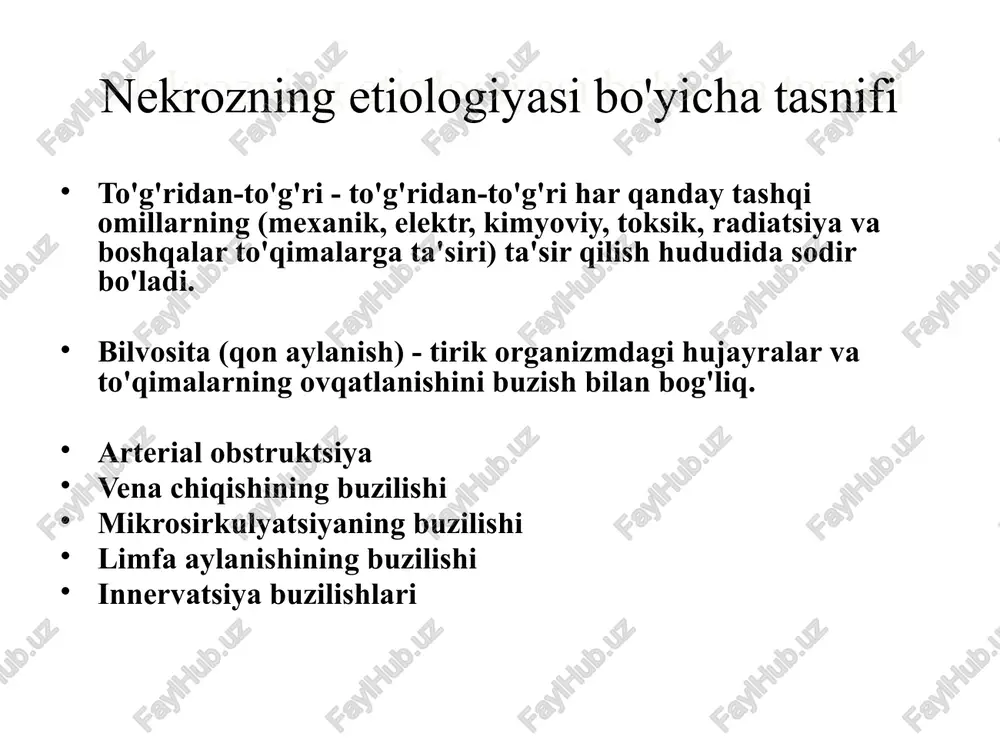 chiqarish tuprik najas suyuqlik yiringli shilliq gall mahalliy qon aylanishining buzilishi periferik qon aylanishining buzilishi arteriyalarning o'tkazuvchanligini buzadigan kasalliklar tufayli qon oqimining etarli emasligi yoki venoz o'tkazuvchanlikning buzilishi tufayli qonning etarli darajada chiqmasligi va turg'unligi. tasniflash i. arterial etishmovchilik: o'tkir ishemik sindrom (o'tkir arterial etishmovchilik) surunkali ishemik sindrom (surunkali arterial etishmovchilik) ii. venoz etishmovchilik o'tkir venoz etishmovchilik surunkali venoz etishmovchilik o'tkir arterial etishmovchilik shikastlanish tufayli arteriyaning yorilishi, turniket bilan siqish, operatsiya vaqtida bog'lash, tromboz, emboliya tufayli arteriyada qon oqimining to'satdan to'xtashi. surunkali arterial etishmovchilik arterial tomirlarning asta-sekin ortib borayotgan torayishi, oyoq-qo'l ishemiyasi sindromi bilan namoyon bo'ladi. etiologiyasi: obliteratsiya qiluvchi endarterit obliteran tromboangiit raynaud kasalligi aterosklerozni yo'q qilish diabetik angiopatiya ostraya venoznaya nedostatochnost pastki yoki yuqori ekstremitalarning chuqur tomirlarining o'tkir blokirovkasi paytida venoz chiqishining tez buzilishi. etiologiyasi: - tromboz tromboflebit yaralar va jarohatlar katta tomirlarni bog'lash surunkali venoz etishmovchilik asosiy kasallikning rivojlanishi bilan yoki o'tkir venoz etishmovchilik va o'tkir chuqur tomir …