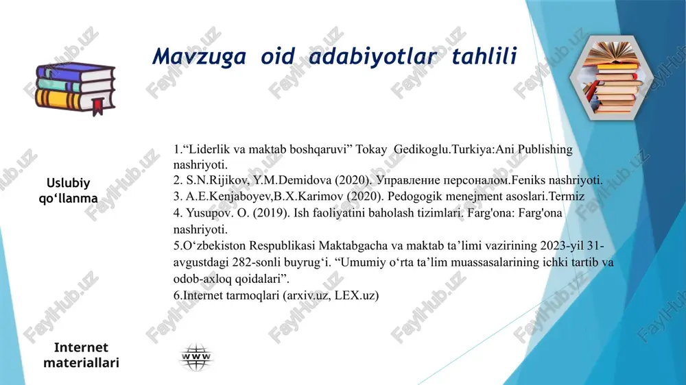 uyushmasi, davlat xizmatchilar uyshmasi tomonidan nazorat qilinadi. nazorat turlari quyidagilarni o’z ichiga oladi: o’qitish usullari va o’quv dasturlarini baholash; kuzatish va maslahat berish; baholash va takliflar berish. aqsh maktablarida xodimlarni nazorat tizimi ideal emas va doimiy ravishda takomillashtirilmoqda. amerika maktablarida xodimlar (o‘qituvchilar, administratorlar va boshqalar) ish faoliyatini nazorat qilish uchun oylik va yillik baholash tizimlari yaratilgan. o‘qituvchining ish faoliyatini yaxshi baholash va samarasiz ishlagan taqdirda qanday choralar ko‘rish bo‘yicha kelishmovchiliklar mavjud. buyuk britaniyadagi maktablarda xodimlar ish faoliyatini nazorat qilish tizimi murakkab va ko'p qatlamli bo'lib, turli darajadagi hukumat idoralari, maktablar va o'qituvchilar uyushmalari tomonidan amalga oshiriladi. ta'lim departamenti ta'lim tizimining umumiy nazoratini amalga oshiradi va maktablar uchun ish faoliyatini baholash mezonlarini ishlab chiqadi. ta'lim standartlari va tekshirish tashkiloti maktablarning ish faoliyatini muntazam ravishda tekshiradigan mustaqil tashkilot. qiyosiy tahlil etilganligi t/r amaldagi holat (o‘zbekistonda) amaldagi holat (xorijda) taklif pedogogik sertifikatlash va hujjatlarni tekshirish kabi an’anaviy nazorat usullari kehg qo‘llaniladi. amerikada onlayn …
