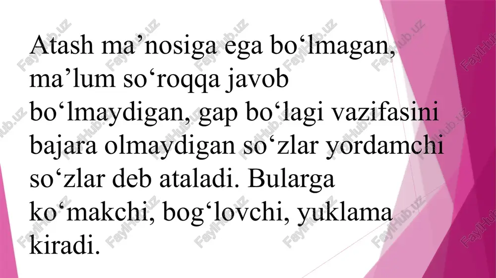 lari boshlanish vaqt, nuqta ma’nolarini ifodalaydi: uch yildan keyin paydo bo‘ldi. sendan boshqa hech kimi yo‘q. shu kundan boshlab ishga kirishamiz. 4) qaratqich kelishigidagi so‘zlar bilan qo‘llanadigan ko‘makchilar: ko‘pchilik ko‘makchi otlar shu kelishikdagi so‘zlar bilan qo‘llanadi: uy oldida to‘xtadi. bog‘ ichiga kirib ketdi. devor orasida qolib ketdi. ko‘cha o‘rtasida ketyapti. ko‘prik boshida kutib turdi. so‘zlarni va qo‘shma gapdagi sodda gaplarni bir-biriga bog‘lash uchun xizmat qiladigan yordamchi so‘zlar bog‘lovchi deb ataladi: maysa va daraxtlarga jon kiryapti, chunki bahorning iliq nafasi sezila boshlagan edi. bog‘lovchilar gapda qo‘llanishiga ko‘ra ikki xil bo‘ladi: 1. yakka holda qo‘llanadigan bog‘lovchilar: va, ammo, chunki. 2.takrorlangan holda qo‘llanadigan bog‘lovchilar: yo...yo, yoki...yoki. bog‘lovchilar vazifasiga ko‘ra teng bog‘lovchilar va ergashtiruvchi bog‘lovchilarga bo‘linadi. 1. teng bog‘lovchilar bu bog‘lovchilar so‘zlarni va qo‘shma gap tarkibidagi sodda gaplarni teng huquqli qilib bog‘laydi va quyidagi turlarga bo‘linadi: 1) biriktiruv bog‘lovchilari - va, ham, hamda: ham so‘zi uyushiq bo‘laklar oldidan kelgandagina bog‘lovchi hisoblanadi: ham akamni, ham …
