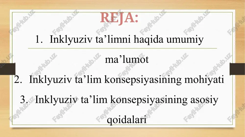 ashkil etish tartibi inklyuziv ta’lim sinfi — maktabdagi alohida ta’lim ehtiyojlari bo’lgan bolalarning boshqa (sog’lom) bolalar bilan teng huquqli va birgalikdagi ta’lim olishlari shaklida tashkil etilgan sinf; boshlang’ich tayanch korreksion sinfi — maktabda alohida ta’lim ehtiyojlari bo’lgan bolalar uchun alohida tashkil etiladigan boshlang’ich sinf o’quvchilar — inklyuziv ta’lim va boshlang’ich tayanch korreksion sinflarda tahsil olayotgan sog’lom yoki alohida ta’lim ehtiyojlari bo’lgan bolalar maktabda o’quvchilar boshqa (sog’lom) bolalar bilan bir qatorda maktabga qatnab muayyan sinfning o’quv rejasiga mos keladigan o’quv dasturlari doirasida tahsil oladi. maktabga qatnab o’qish imkoniyati bo’lmagan o’quvchilarga ta’lim berish o’quv rejalari va o’quv dasturlariga muvofiq ota-onalar yoki ularning o’rnini bosuvchi shaxslar bilan kelishilgan tavsiyaga muvofiq zarur bilim, malaka va ko’nikmalarni masofadan turib yoki uyda yakka tartibda ta’lim berish orqali amalga oshiriladi. maktabda inklyuziv ta’lim va boshlang’ich tayanch korreksion sinflar bolalarning yosh va individual xususiyatlari, aqliy rivojlanishi darajasi, somatik va asab-ruhiy sog’lig’i holatiga muvofiq tashkil etiladi. maktabda inklyuziv ta’lim …