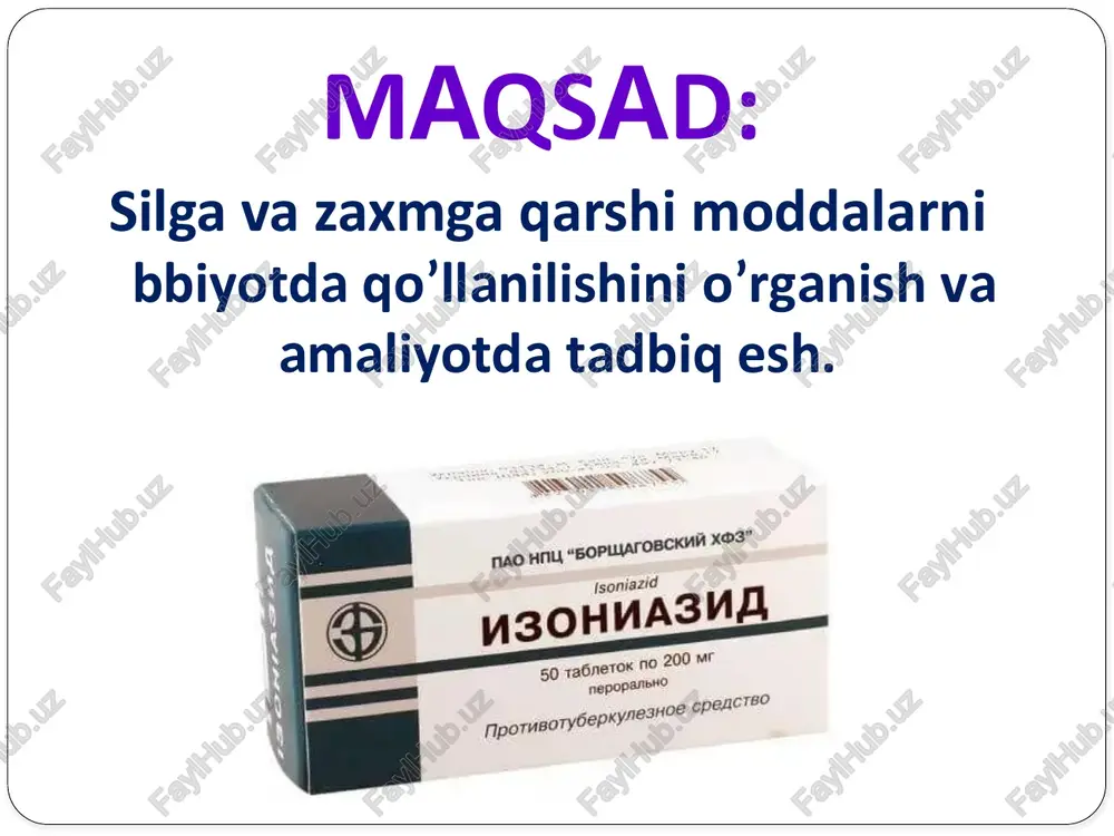 a’sir mexanizmi paraaminobenzoy kislota bilan konkurent antagonizmda bo'ladi, chunki ikkala modda kimyoviy jihatdan bir-biriga o'xshab ketadi va raqobatda bo'ladi. pabk-paraaminobenzoy kislota sil mikobakteriyalarining rivojlanishi uchun zarur bo'lgan modda. paraaminosalitsilat natriy bilan davolanganda, bu modda paraaminobenzoy - kislota o‘rnini olib, mikobakteriyalarni rivojlanishdan to'xtatadi. antibiotiklar - streptomitsinlar oddiy aminoglikozidlar turiga kiradi, mikroblarga qarshi ta’sir doirasi keng, jumladan, sil mikobakteriyalariga ham bakteritsid ta’sir ko'rsatadi. streptomitsin ancha zaharli antibiotik hisoblanadi, u asosan markaziy nerv sistemasini zararlaydi va allergik jarayonlarga sabab bo'ladi. streptomitsin tanlab viii juft miya nervlariga zarar yetkazib, vestibulyar o'zgarishlarga (bosh aylanishi, eshitish qobiliyatining pasayishiga) olib keladi. katta miqdorlarda qo'llanganda bemor butunlay eshitmay qolishi mumkin. streptomitsin o'rta quloq suyuqligiga-likvorga oson o'tadi, u yerdan chiqishi qiyin bo'lib, to'planib qoladi, shuning uchun streptomitsinning ototoksik ta’siri faqat u bilan davolangan paytda emas, balki modda qo'llanishdan to'xtatilgandan keyin to'satdan paydo bo'lishi mumkin. streptomitsin ba’zi hollarda «meningeal», ruhiy o'zgarishlarni yuzaga keltirishi, ko'rish nervini jarohatlashi, boshqa nervlarni falajlashi mumkin. …