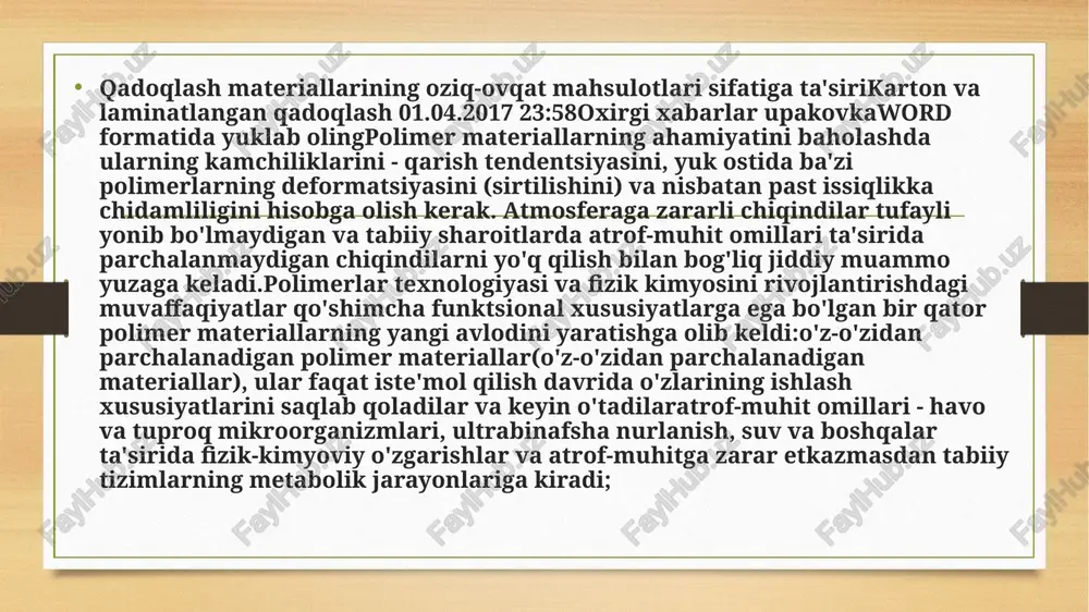digan samarali qisqa muddatli issiqlik bilan ishlov berishni o'z ichiga oladi. to'ldirish va qadoqlash mashinasining dizayni mahsulotning havo bilan aloqasini istisno qiladi. laminatsiyalangan karton paketni suyuqlik bilan to'ldirish darajasidan pastroq muhrlab qo'yish idishning to'liq sharbat bilan to'ldirilganligini ta'minlaydi. paketda havoning yo'qligi oksidlanish jarayonlari va ichimlikning iste'mol xususiyatlarining o'zgarishi ehtimolini yo'q qiladi, ya'ni sharbatlar mahsulot sifatiga ta'sir qiluvchi ekologik omillar - quyosh nuri va atmosfera kislorodidan himoyalangan mikroblarga qarshi va mog'orga qarshi ta'sirga ega preparatlar ishlab chiqilgan bo'lib, ular to'g'ridan-to'g'ri oziq-ovqat mahsulotlariga qo'llaniladi: pishloqlar, kolbasalar, go'sht mahsulotlari [4].polisept, polisept-op, allucid preparatlari universaldir, ular non, go'sht, baliq, sabzavotli tez buziladigan mahsulotlarni uzoq muddatli himoya qilish uchun polimer qadoqlash uchun qo'llanilishi mumkin; pishloq va kolbasa sirtini tozalash, shuningdek, qishloq xo'jaligi korxonalarida sanoat binolari, kombinezonlarning ishchi yuzasi va havosini dezinfeksiya qilish uchun foydalanish [4]. hozirgi vaqtda ishlatiladigan xlor o'z ichiga olgan vositalardan farqli o'laroq, ushbu preparatlarning muhim afzalligi ularning ekologik xavfsizligidir [5].alluzin maxsus preparati …